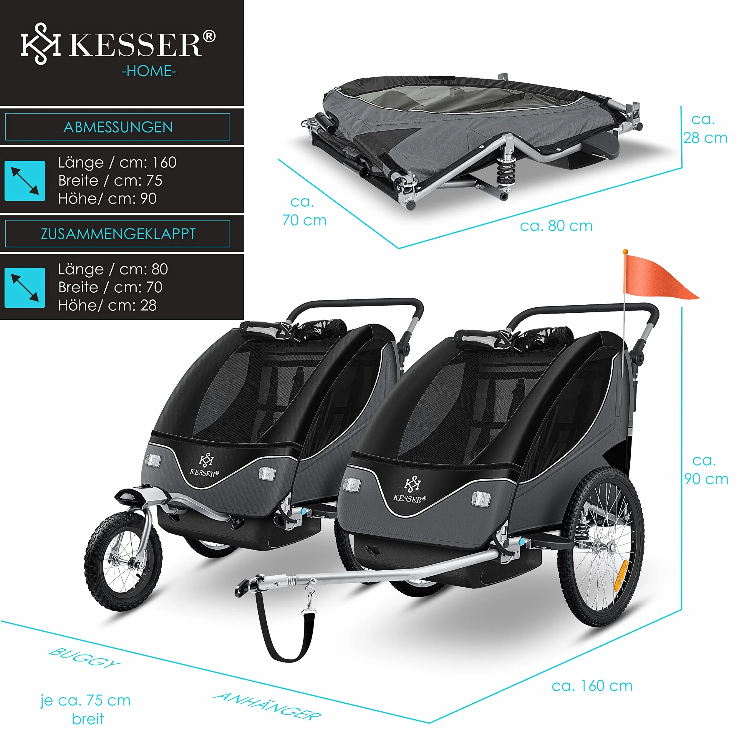KESSER® Rimorchio per Bambini 2in1 Jogger, Ruotabile a 360°, Sospensioni, Cintura 5 Punti, max. 40kg