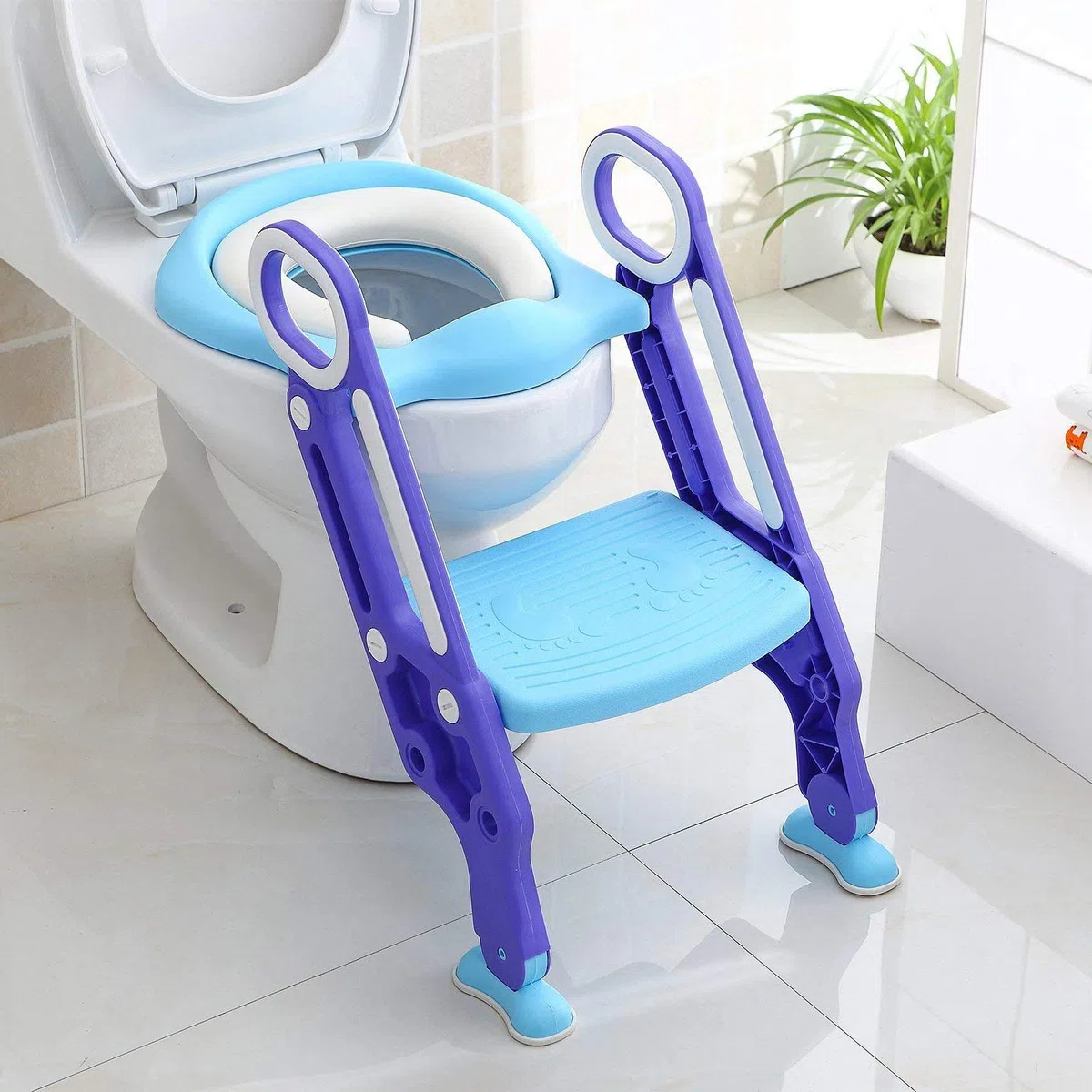 KEPLIN Baby Toilet Reducer with Folding Ladder, Step Up Trainer Toilet Kit with Soft Cushion Universal Model (Viola)