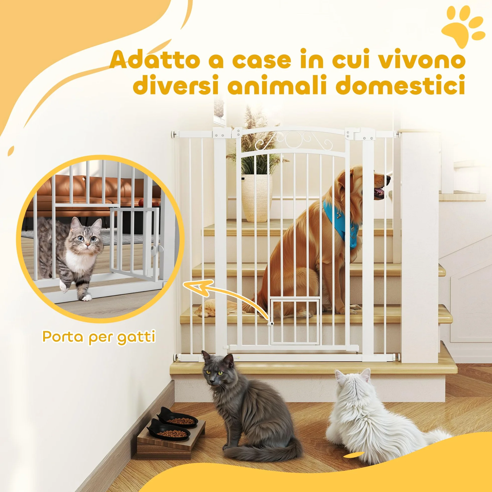 PawHut Cancelletto di Sicurezza per Cani da Interno 76-104 cm con Porta per Gatti, Alto 106 cm, Bianco
