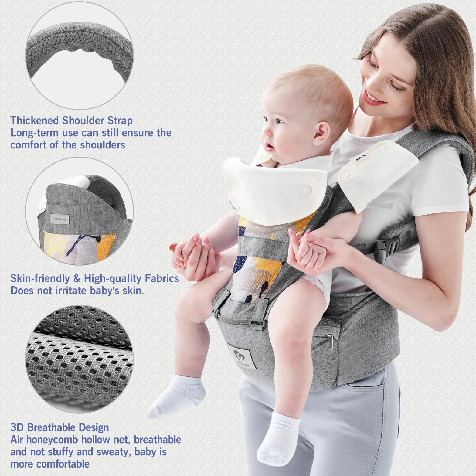 Marsupio Neonato, Bellababy Marsupio porta Bebé Seggiolino Multifunzione Marsupio per Neonati di 3-36 Mesi, 6-in-1 Modi di Portare, Tutte le Stagioni, Misura Regolabile Grigio