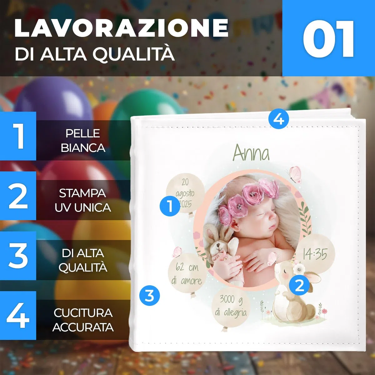 Maverton Album Fotografico Personalizzato - Album foto per neonata - Copertina in Pelle Sintetica Bianca Personalizzata con Stampa - 100 pagine - 200 foto 10x15 cm - regali neonata - Coniglio