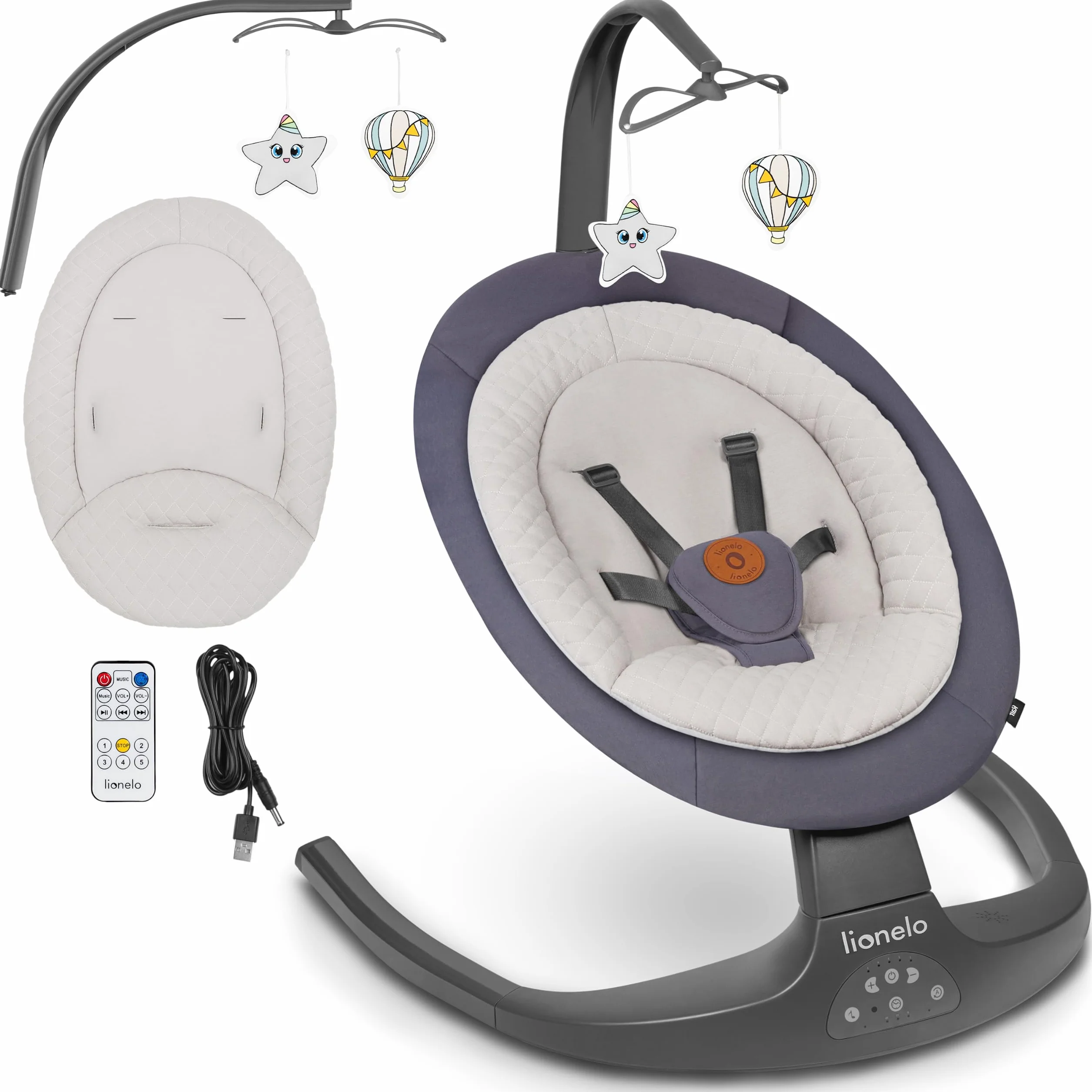 LIONELO Ralf 2in1 Sdraietta dondolo per neonato da 0 fino a 9kg Altalena con 12 melodie programmate, Telecomando, Culla 5 velocità di dondolio, Blocco, Regolazione dello schienale Silenzioso Timer