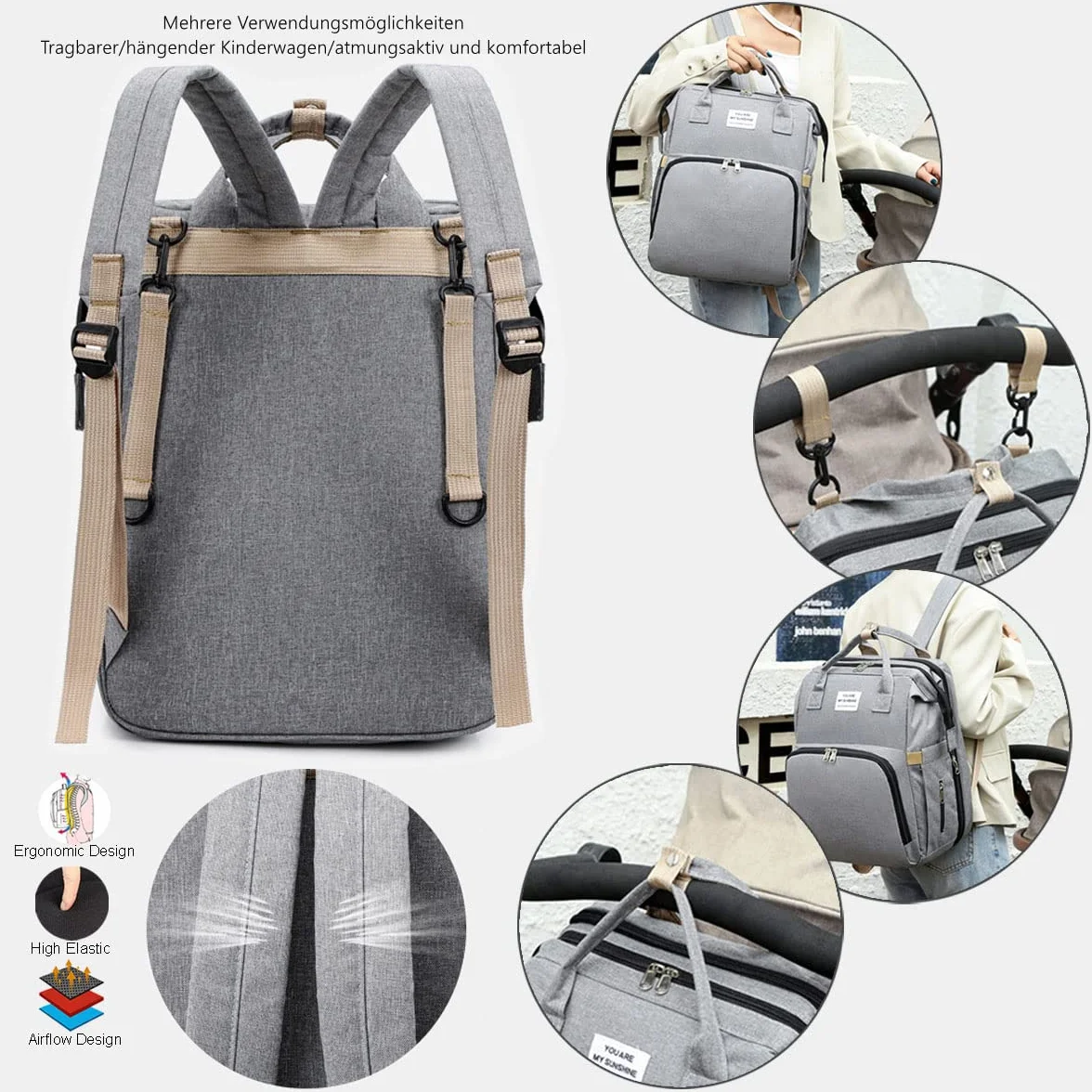 Zaino Fasciatoio Multifunzione Impermeabile con Lettino Pieghevole Borsa da Viaggio Portatile (Grigio)