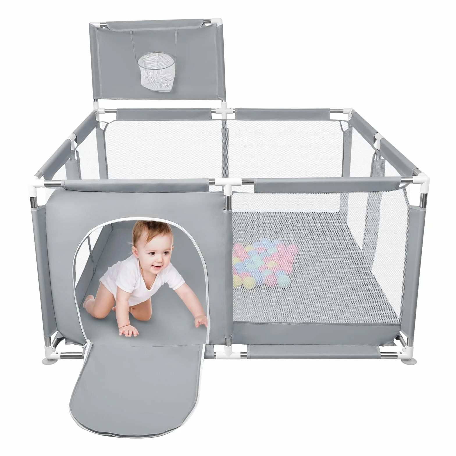 Box per Bambini, Recinto per Bambini Pieghevole in Tessuto Oxford con Rete Traspirante, Box per Neonati con Giochi che Include 50 Palline (126 x 126 x 66 cm, grigio scuro)