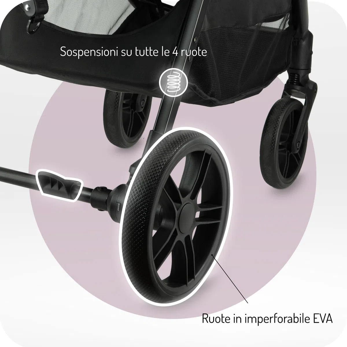 Il passeggino MoMi CLARA a partire da 6 mesi, fino a 22 kg di peso corporeo, cinture di sicurezza a 5 punti, coprigambe, portabicchieri, cestino per la spesa, borsa, zanzariera, telo parapioggia