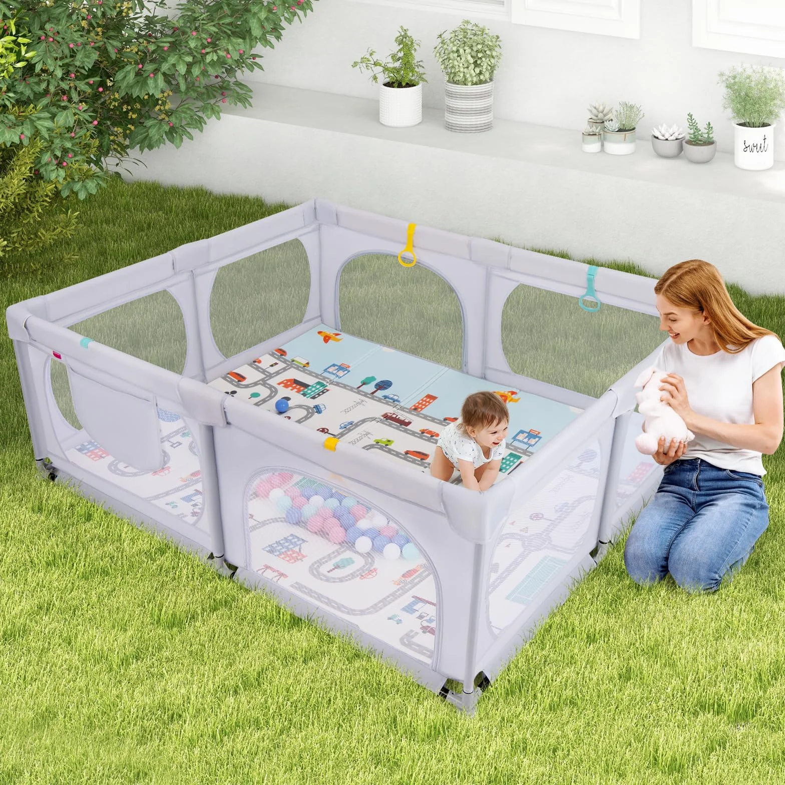 COSTWAY Box per Bambini con Materassino, Recinto per Bambini con 4 Anelli e 50 Palline Colorate, Rete Traspirante, Tasca e Borsa, Box Giochi per Bambino 0-3 Anni (Grigio Chiaro, 189 x 158 cm)