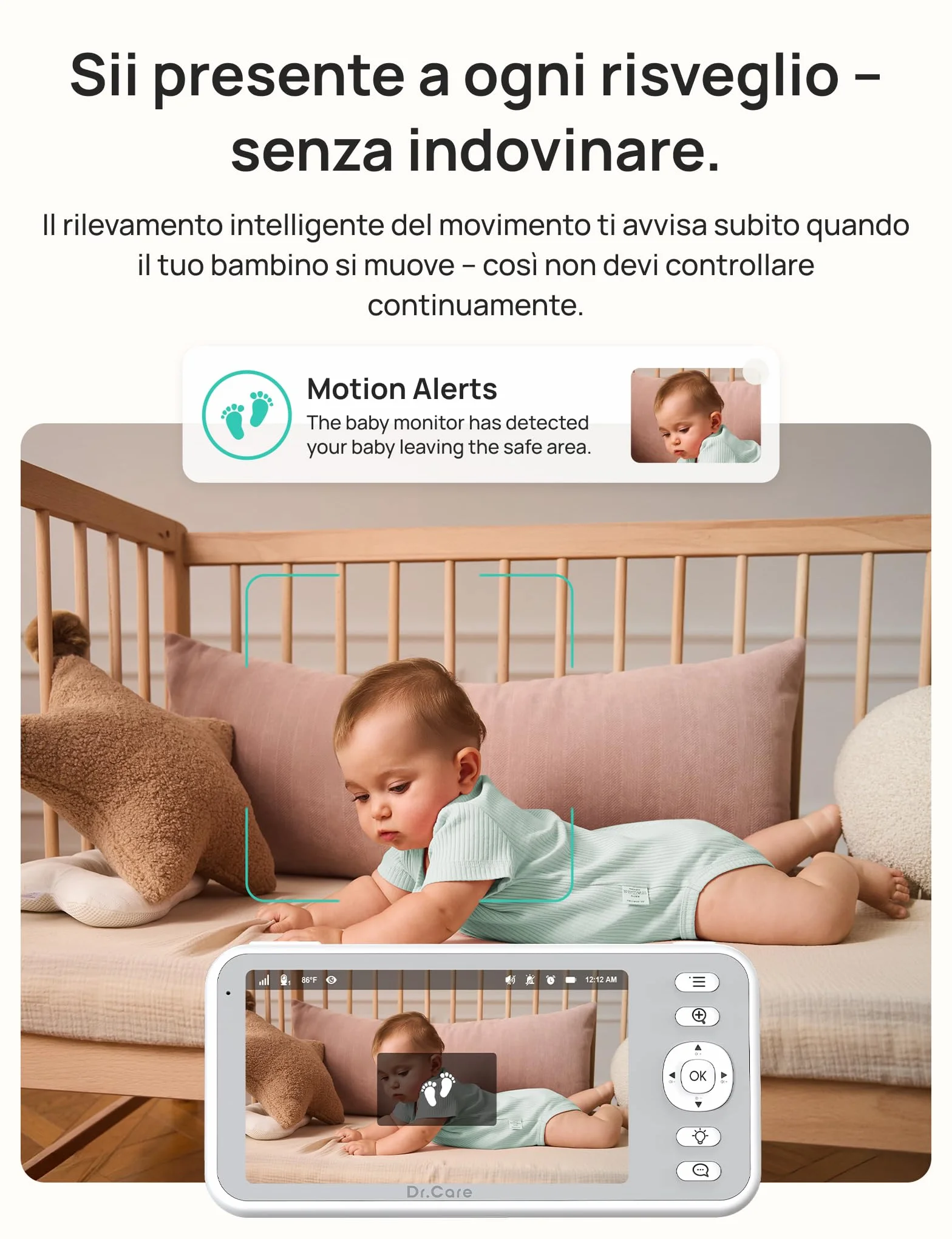 Dr.Care LumiView Baby Monitor WiFi SBM003-1080P FHD & 2K, Controllo App, Modalità Privacy, Batteria 5000mAh, Allarmi Pianto e Movimento, Luce Notturna RGB (5" monitor + 2 camere)