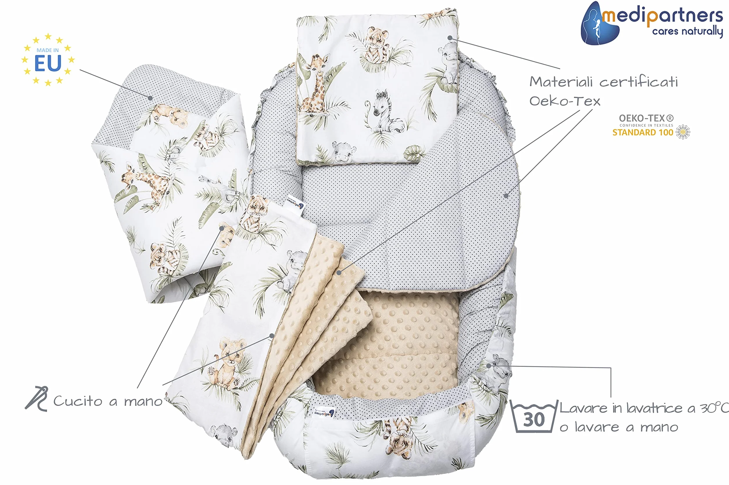 Medi Partners Riduttore Lettino Neonato 100x60x15 Nido Antisoffoco 5-Parti Bozzolo Culla Bebè Cuscino 100% Cotone Safari Minky beige