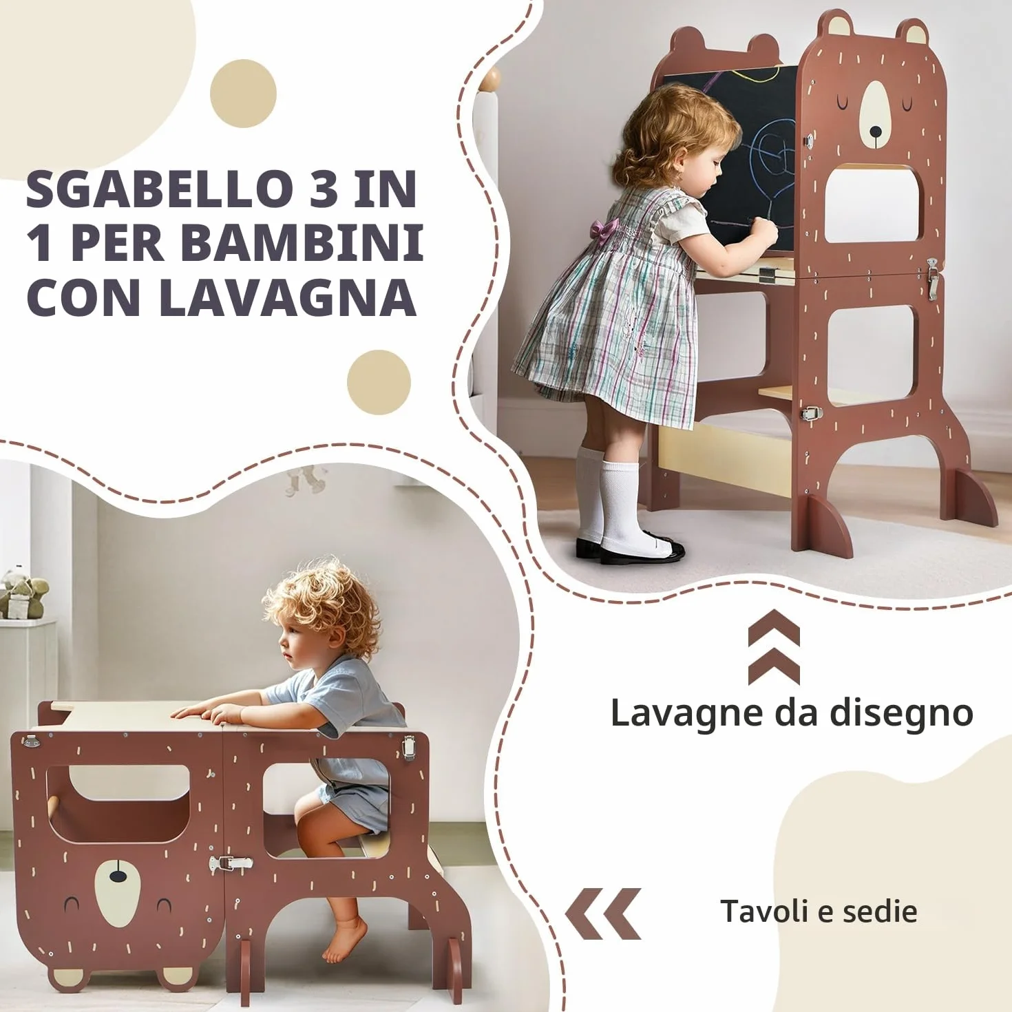 Labebe Torre Montessoriana Pieghevole in Legno 3 w 1 z Lavagna Orso Bruno