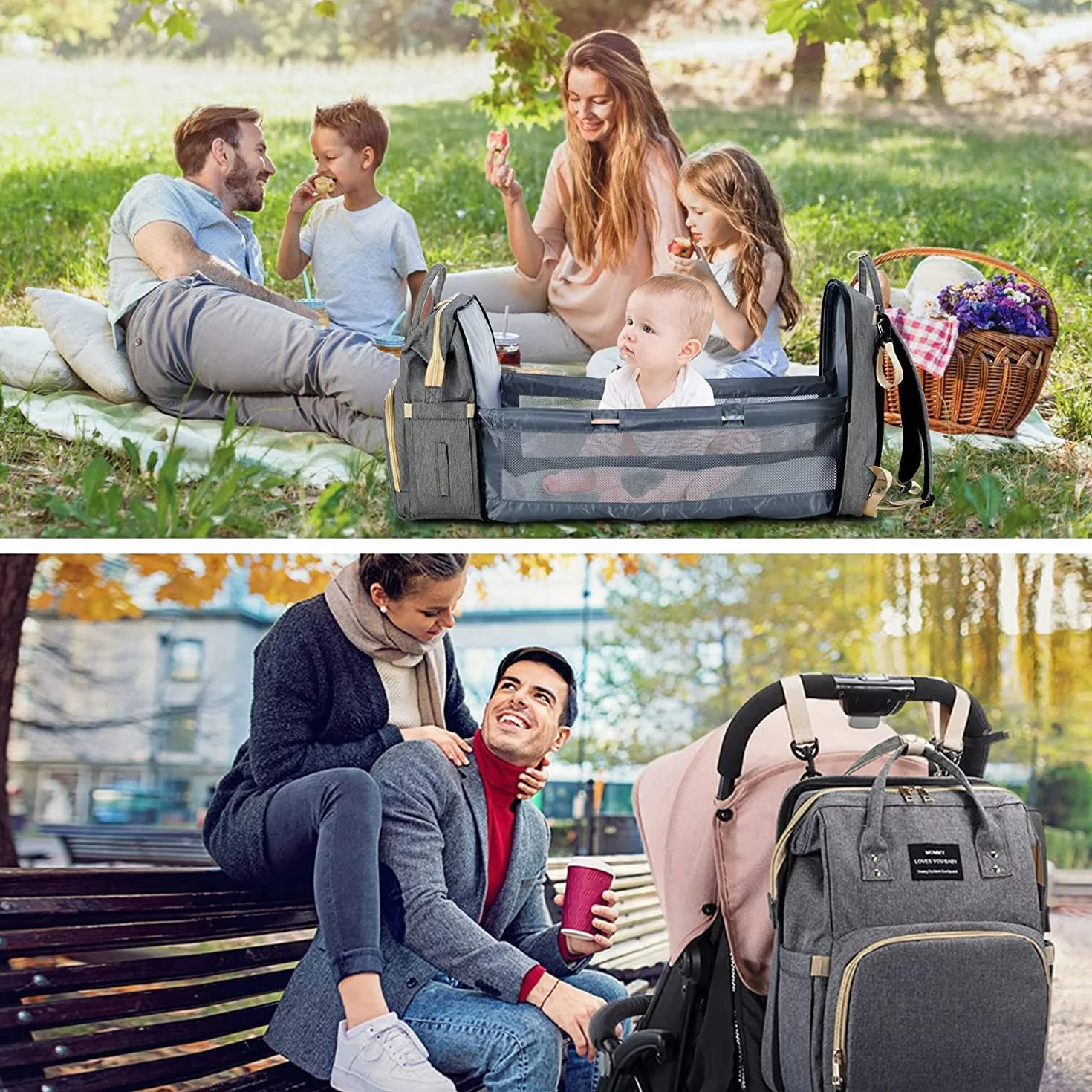 Zaino Fasciatoio Multifunzione Impermeabile con Lettino Pieghevole Borsa da Viaggio Portatile (Grigio)