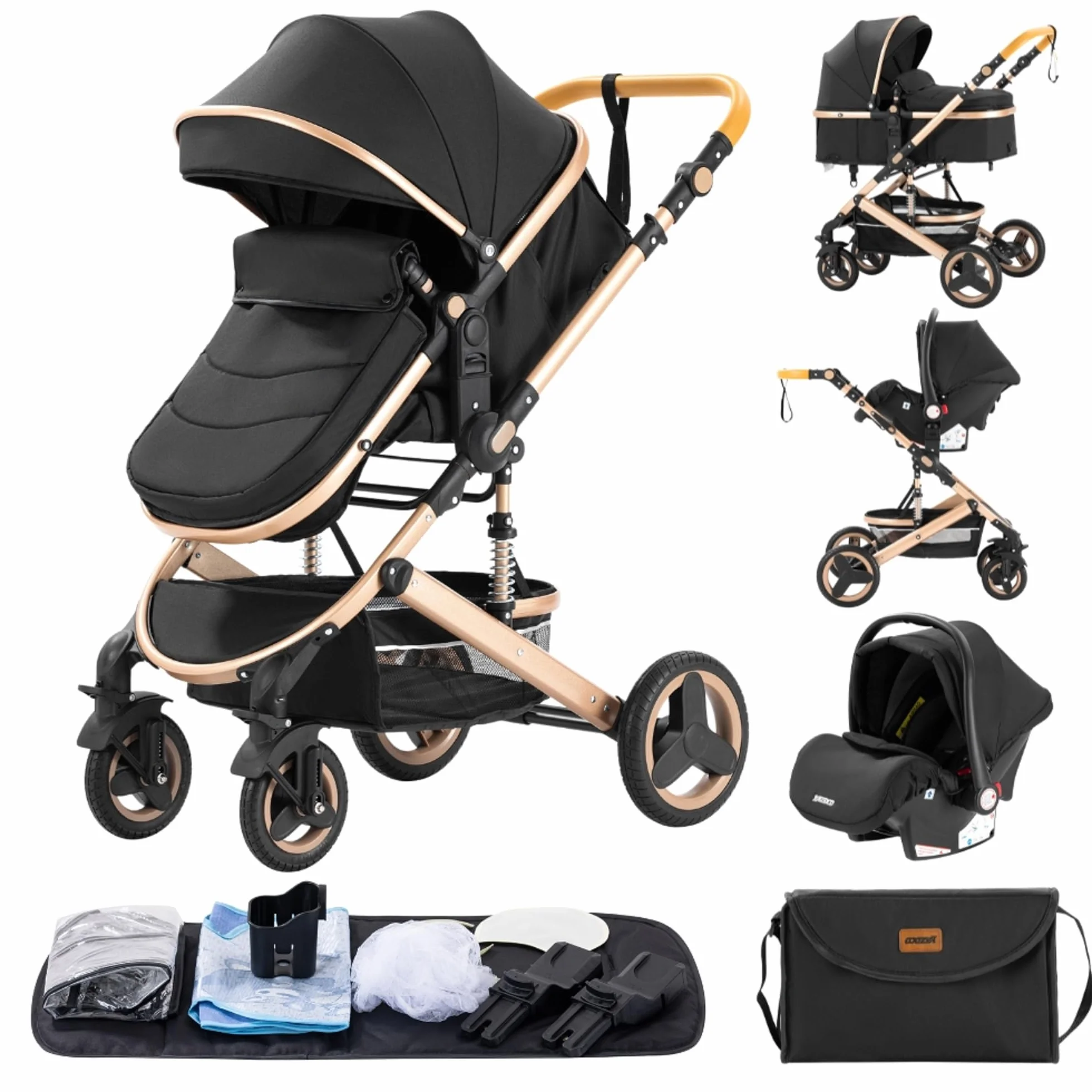 GLOKID Passeggino 3 in 1, Trio, Pieghevole, 4 Ruote con Ammortizzatori, Fino a 25 kg, Nero