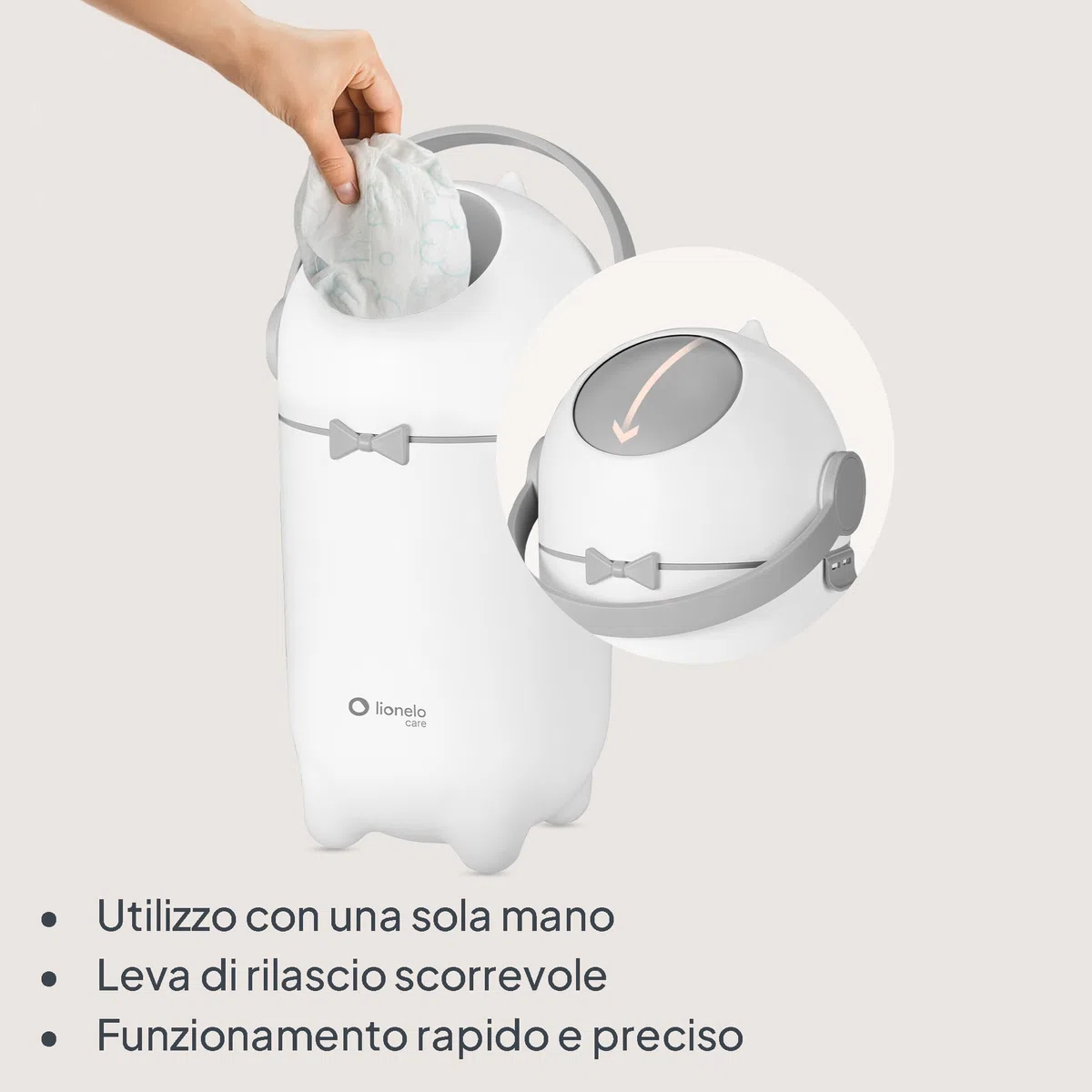 lionelo PUREBIN Mangiapannolini Universale che non lascia uscire gli odori, per sacchetti universali senza ricariche costose, bidone pannolini per neonati, uso con una mano, 10 l (Bianco)