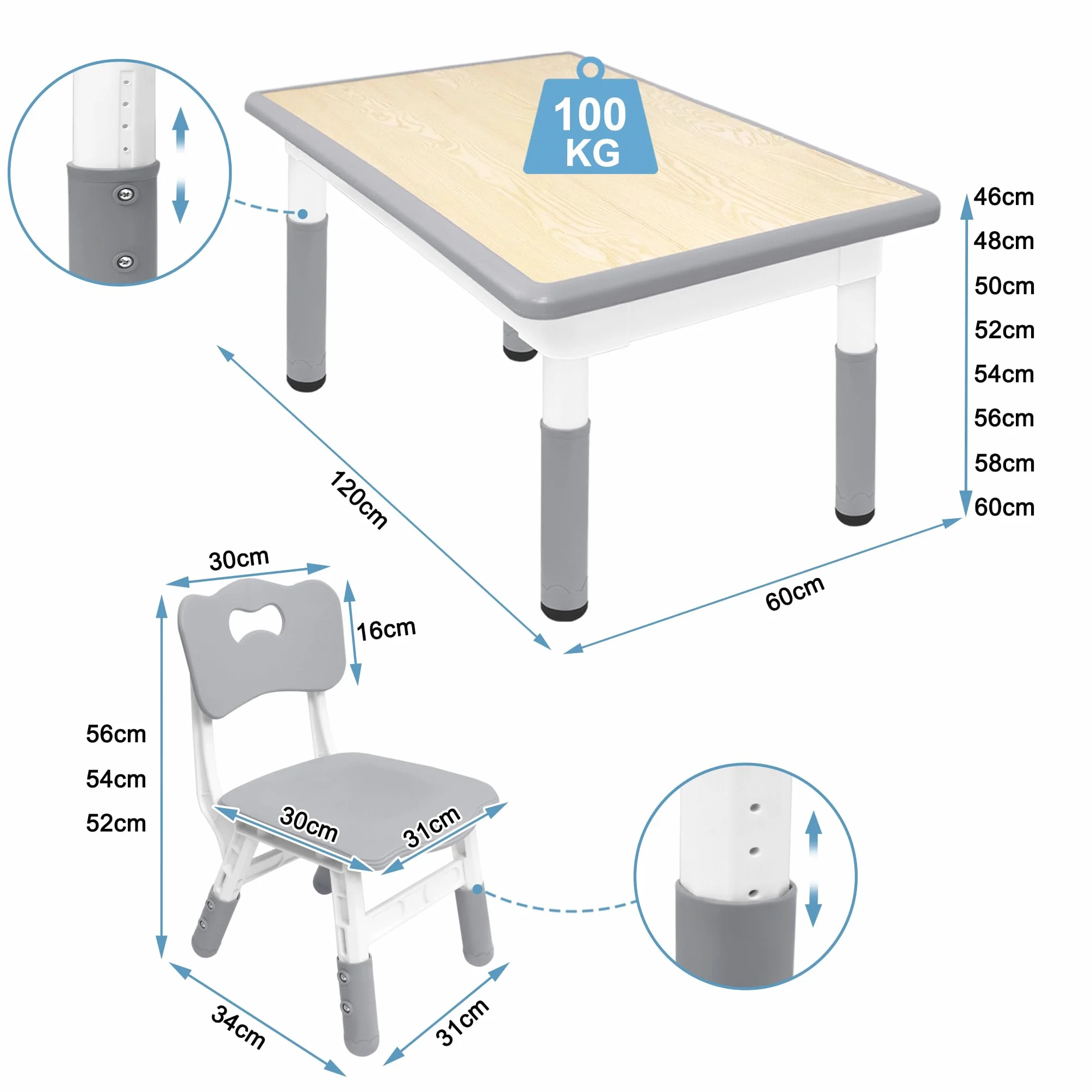 Aufun Tavolo per bambini con set di 4 sedie, dinette regolabile in altezza