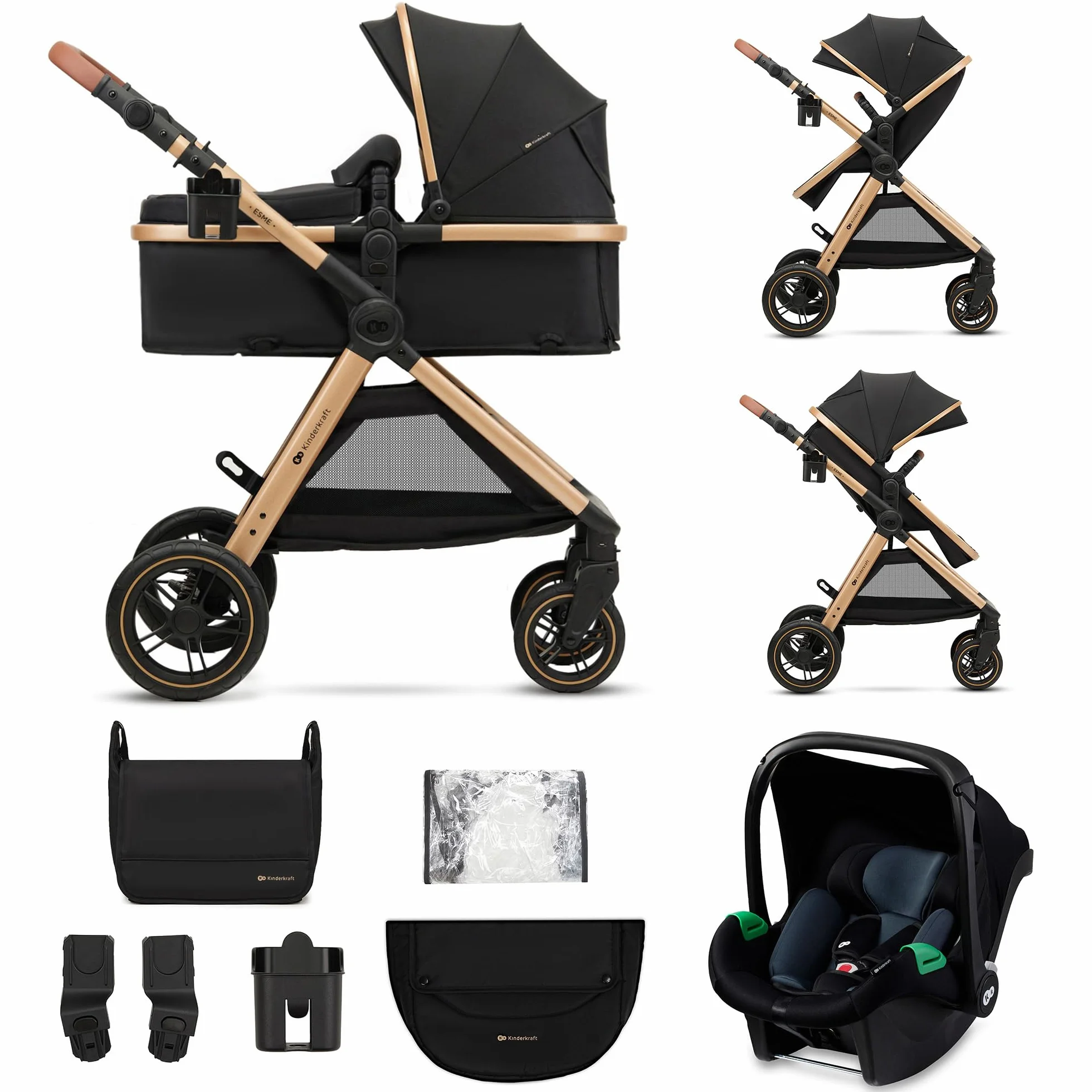 Kinderkraft ESME Trio 3 w 1 Passeggino Neonati 26 kg Ovetto I-SIZE 40-75 cm Carrozzina Reversibile Pieghevole Nero
