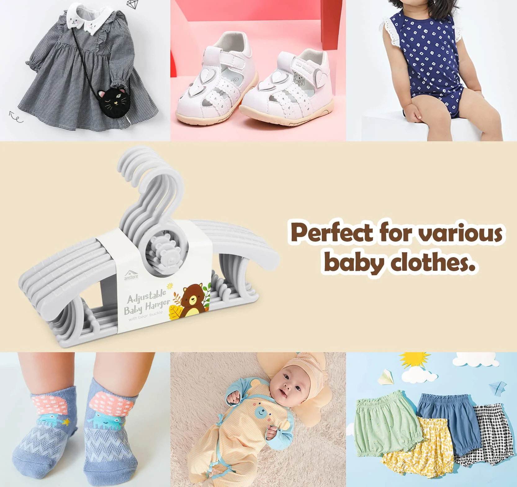 Anstore Grucce per bambini Antiscivolo Plastica Appendini impilabili Set 20, grigio
