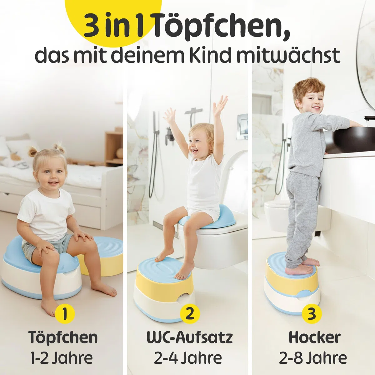 Merle Toys Vasino 3 in 1 per bambini, WC testato TÜV, senza BPA, per bambini a partire da 1 anno, WC per bambini + sgabello, Easy Cleaning, blu/giallo