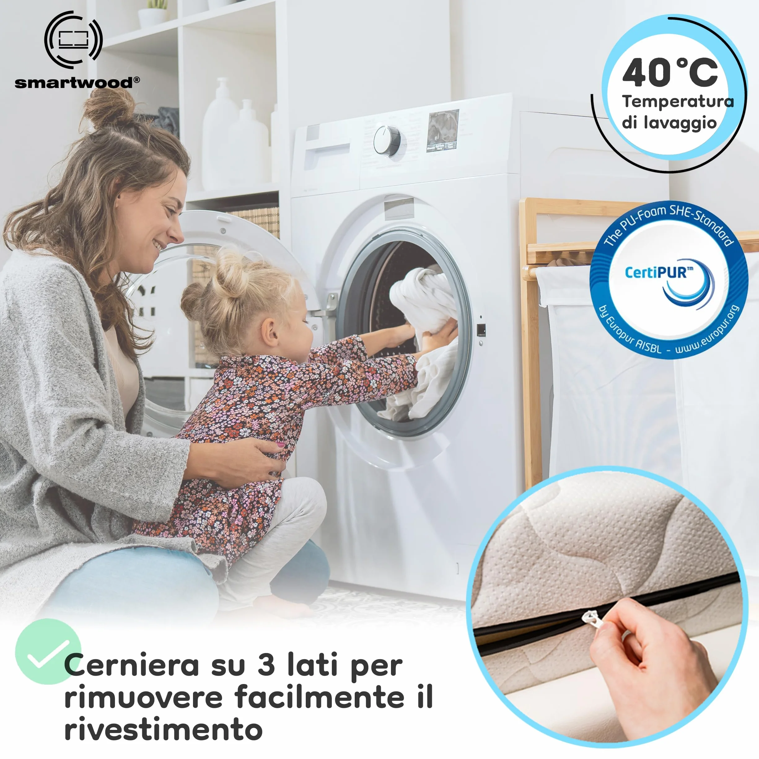 smartwood Materasso 120x200 Bambini 14cm - Schiuma H2 Certificato Oeko-TEX – Reversibile – Rivestimento Lavabile Anti-allergico e Traspirante | Made in EU