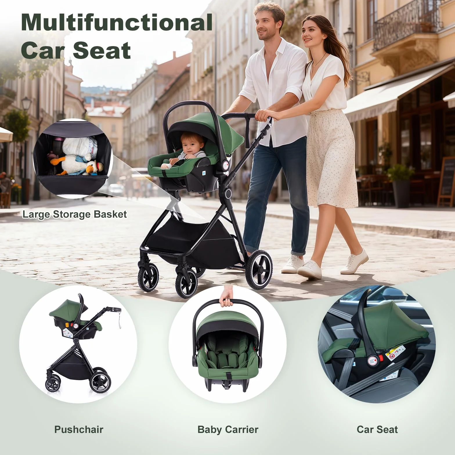 Passeggino 3 in 1 con Seggiolino Auto, Carrozzina Pieghevole, Sospensione 4 Ruote, per Neonati 0-3 Anni (15kg), Blu-Verde