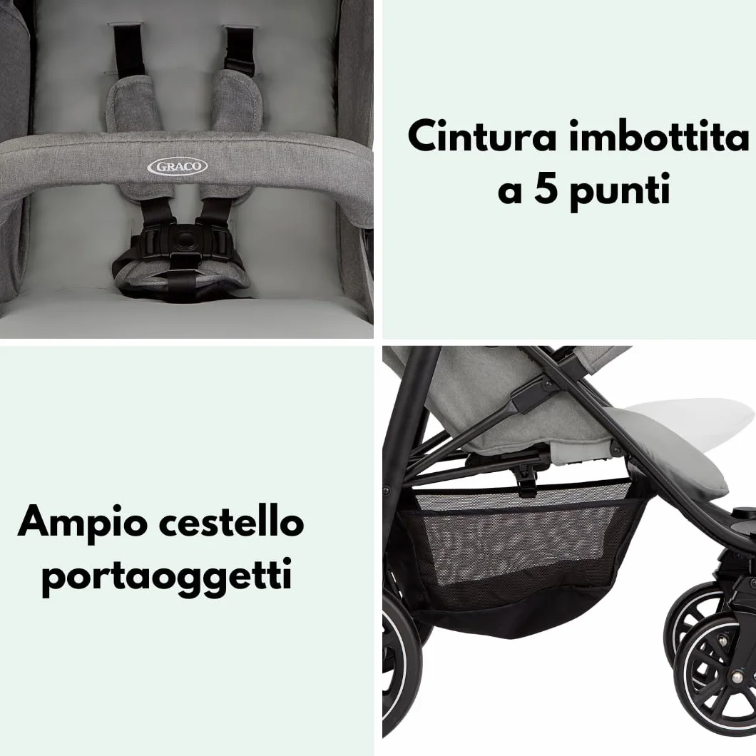 Graco Passeggino Leggero EezeFold DLX, Passeggino da Viaggio con Chiusura a Una Mano, Sospensioni a 4 Ruote, Reclinabile, Cestello Ampio – Grigio Lunare