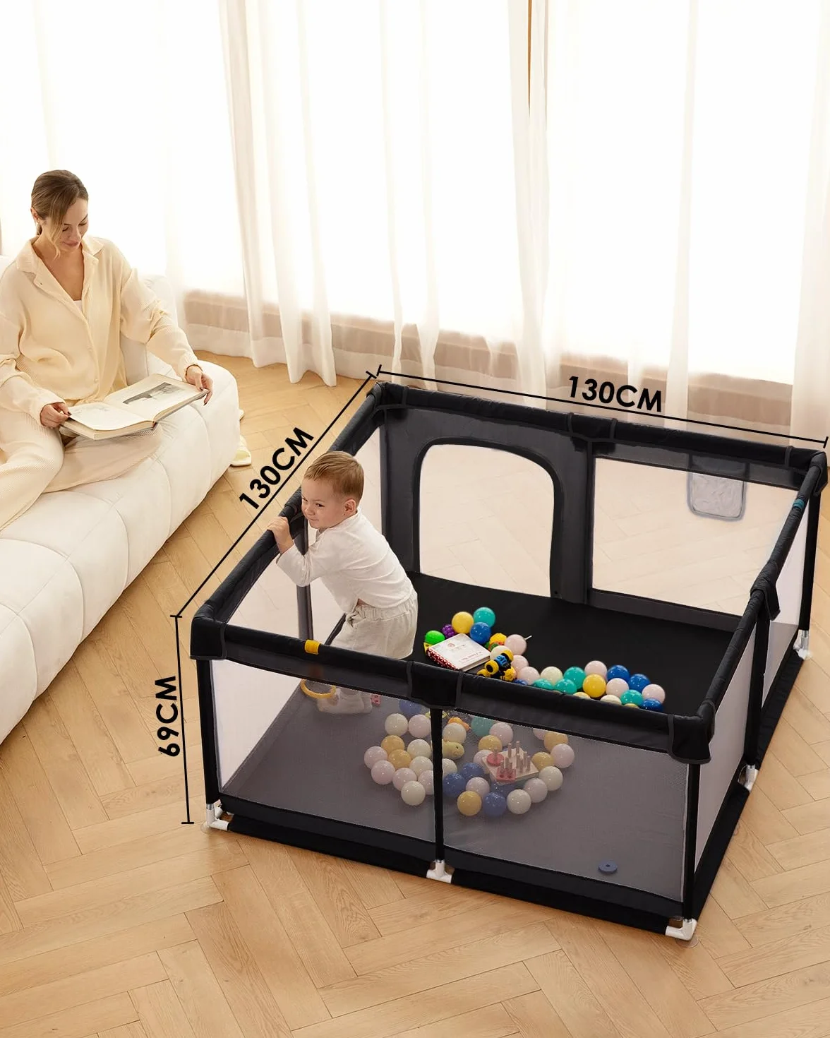 derimkcoa Box per bambini, grande recinto di sicurezza per bambini e bambini, per interni ed esterni, con ventose antiscivolo e cerniera (130 x 130 x 66 cm, nero)