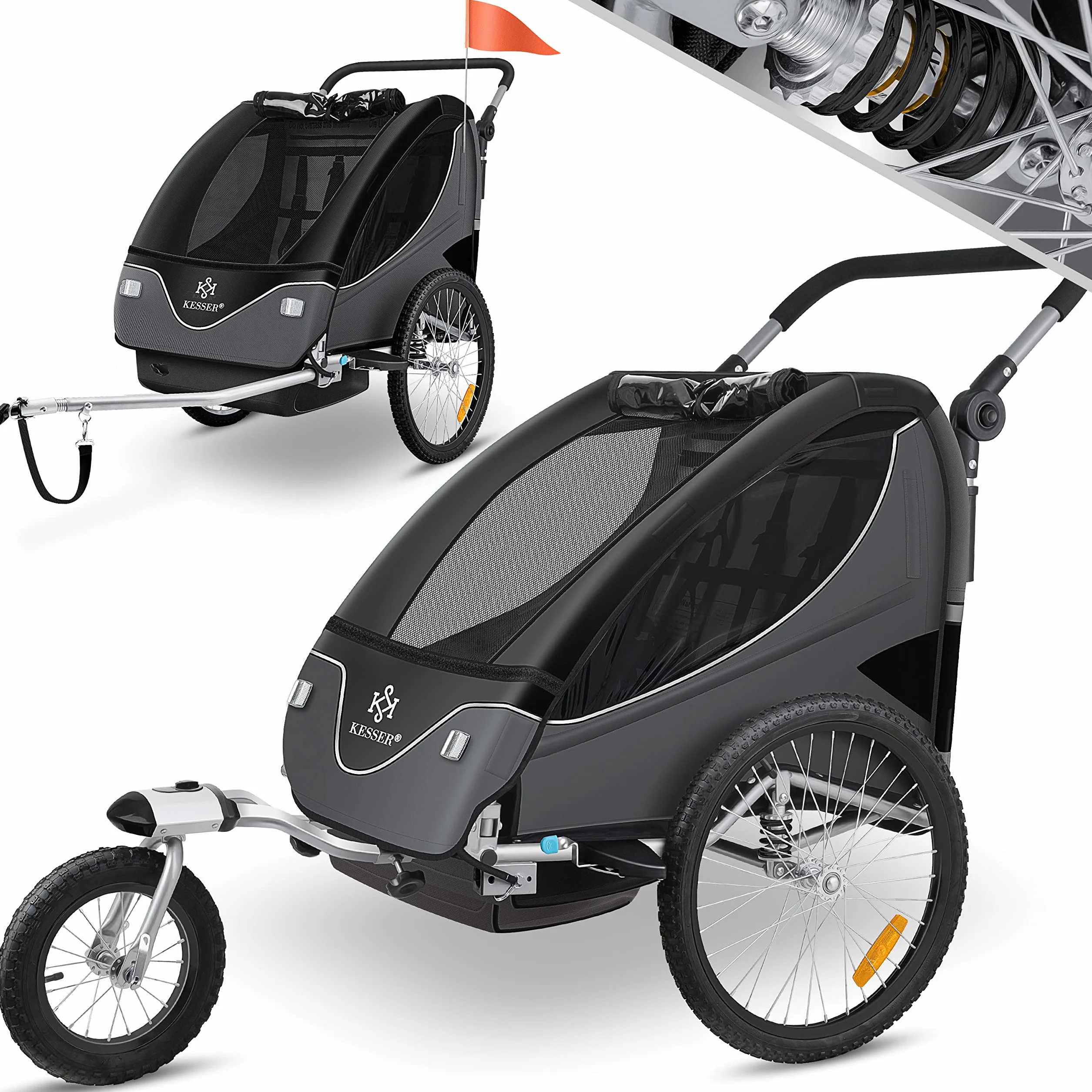 KESSER® Rimorchio per Bambini 2in1 Jogger, Ruotabile a 360°, Sospensioni, Cintura 5 Punti, max. 40kg