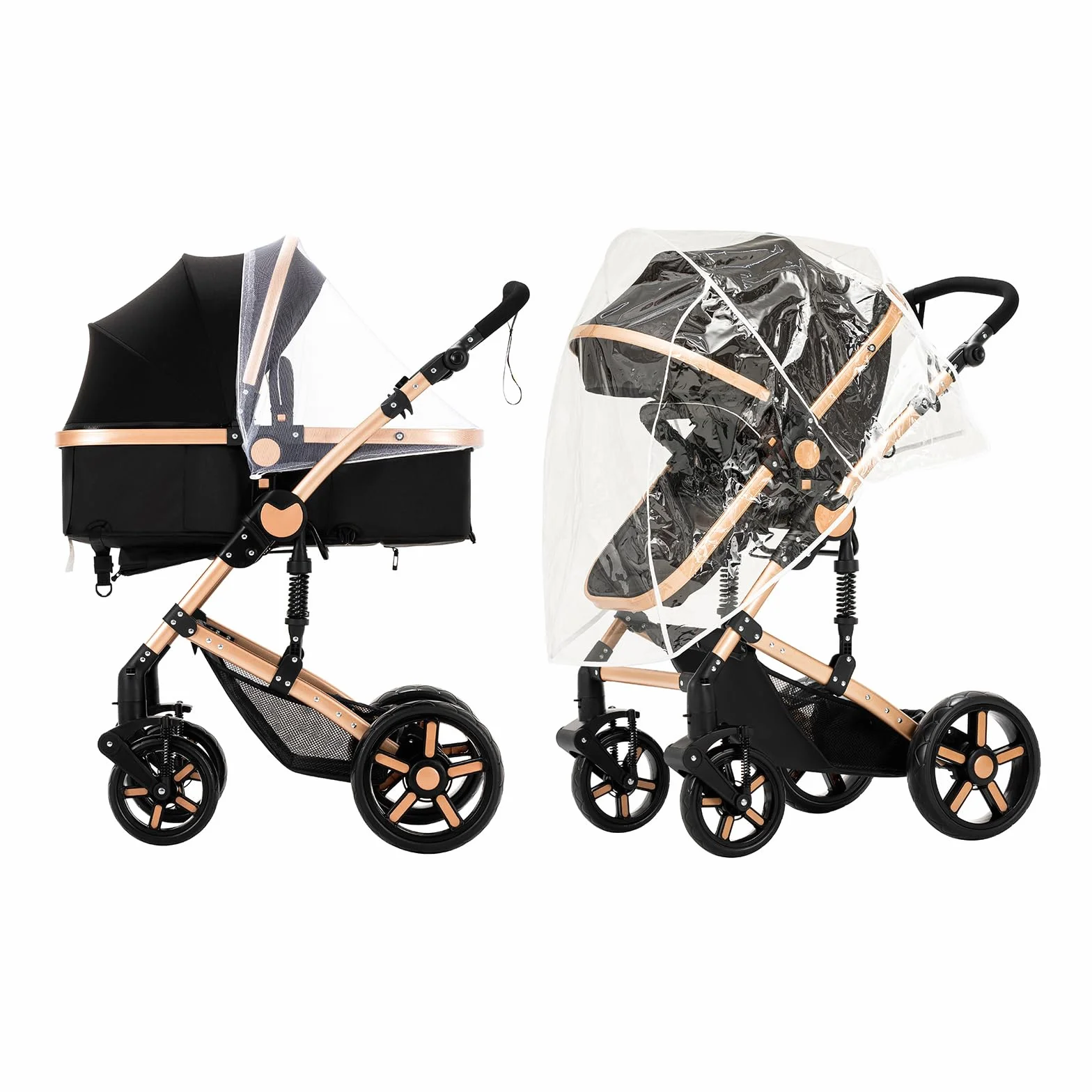 Magic ZC Passeggino Trio 3 in 1 per Neonati con Design Portatile Pieghevole Un Clic, Spinta Reversibile a Due Vie, Black Gold