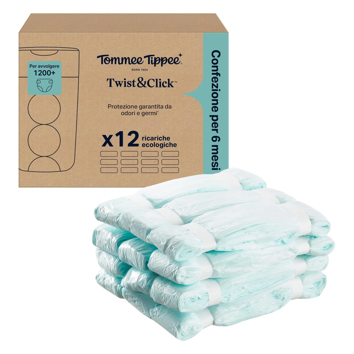 Tommee Tippee Sacchetti per mangiapannolini Twist & Click, 12 ricariche da 10,5 metri, pellicola antibatterica* multistrato, da inserire nella ricarica in uso, 12 x 10,5 m
