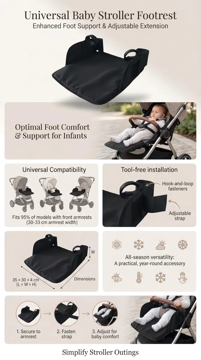 Poggiapiedi per Passeggino, Universale Poggiapiedi, Accessorio Supporto Piede in Plastica Nero, per Uso Giornaliero, per Viaggi Prolungati, per la Spesa