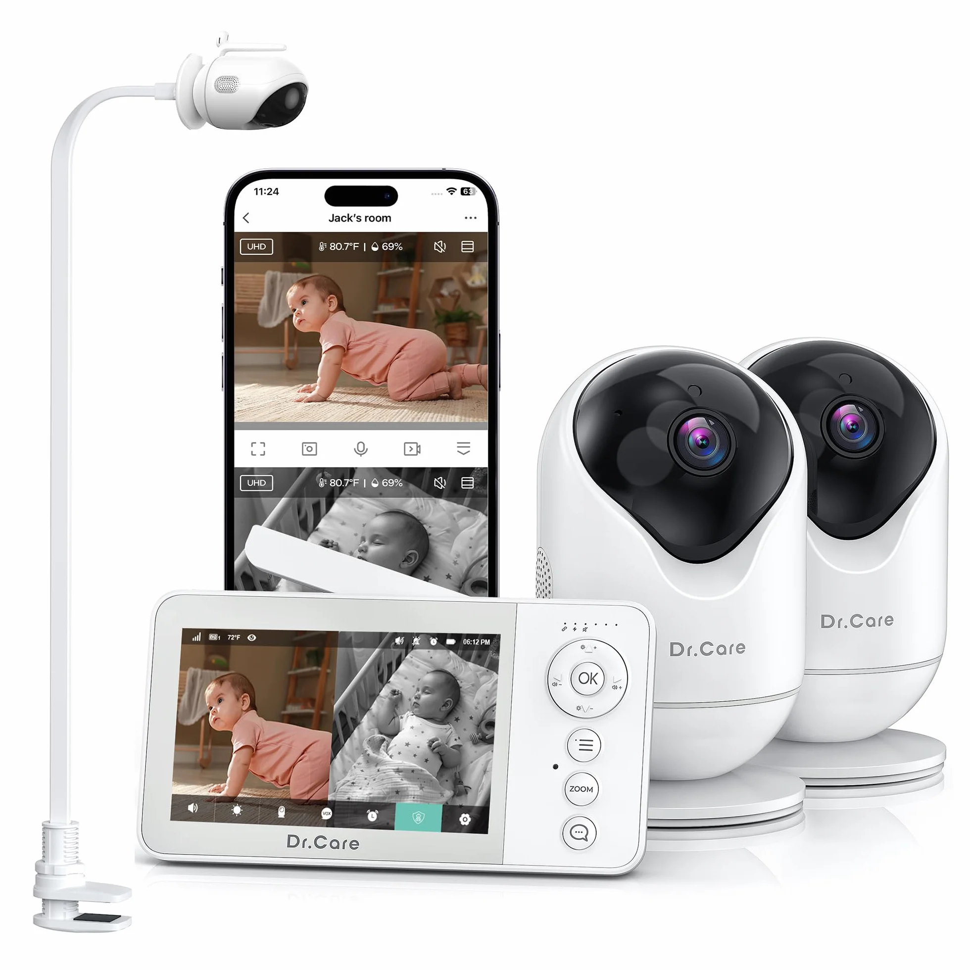 Dr.Care Baby Monitor Video e Audio Smart WiFi con Schermo Diviso 4" 720P e Telecamera 1080P, Visione Notturna HD, Audio Bidirezionale (2 Telecamere + 1 Monitor)