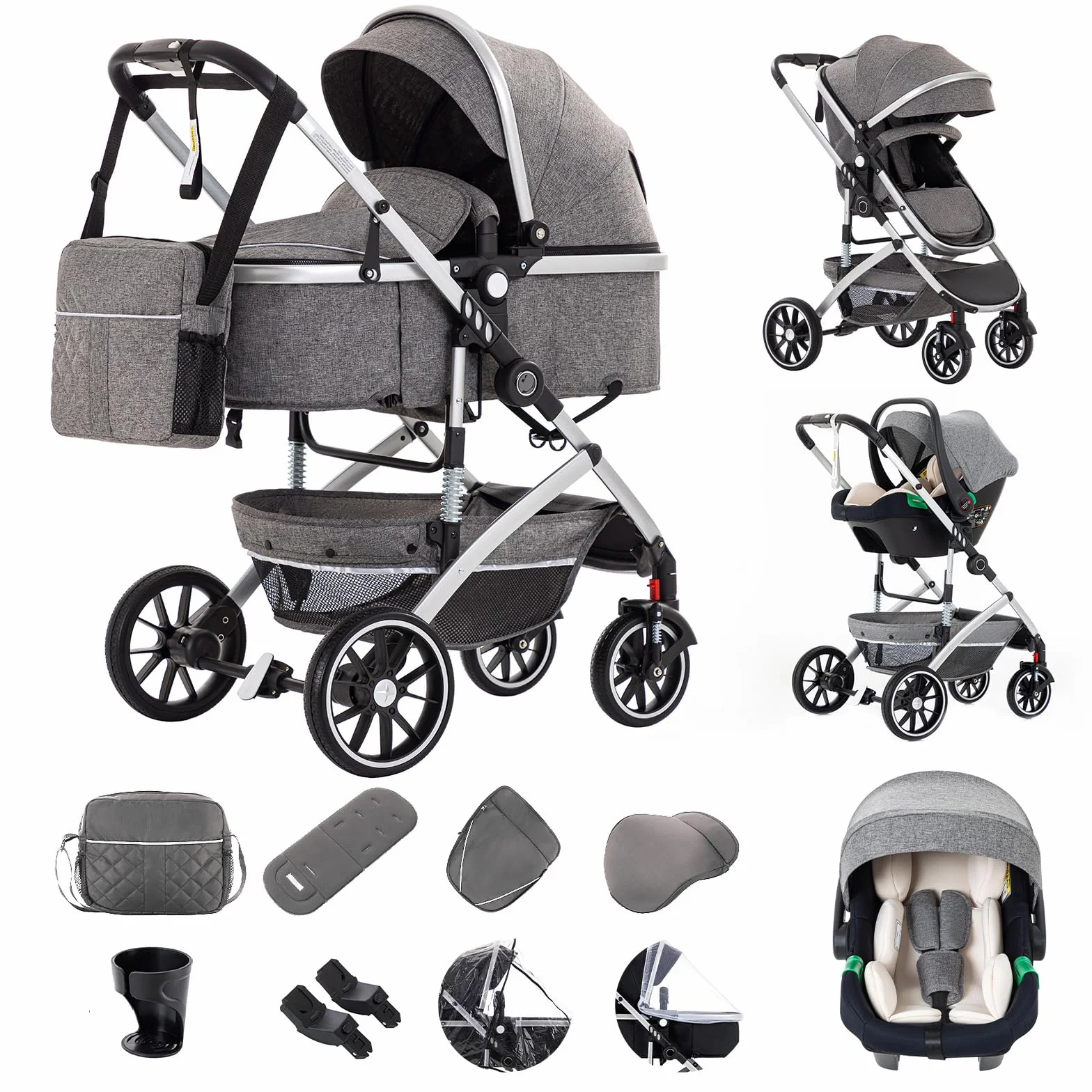 Gcarebb Passeggino 3 in 1 con seggiolino auto pieghevole telaio alluminio neonati 0-4 anni