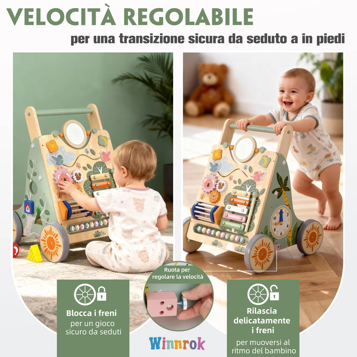 Carrello Primi Passi in Legno, Girello Montessori con Centro Attività, Girello Neonato Altezza e Velocità Regolabili, Perfetto come Regalo di Compleanno o Natale, Girello per Bambini 6-18 Mesi