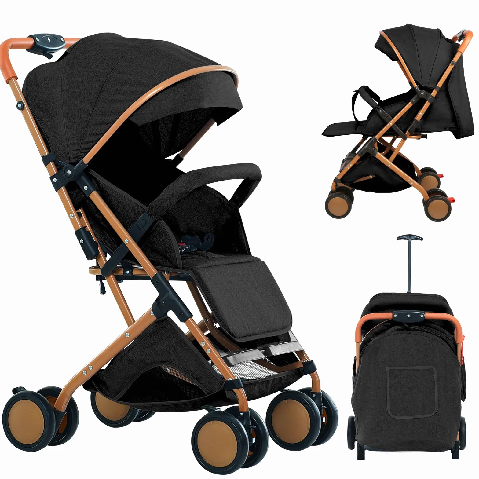 Homewell Passeggino Pieghevole per Bambini 0-6 Anni, Sdraiati Piatti, Pieghevole Una Mano, Cintura Sicurezza, Tettuccio Parasole (Nero)