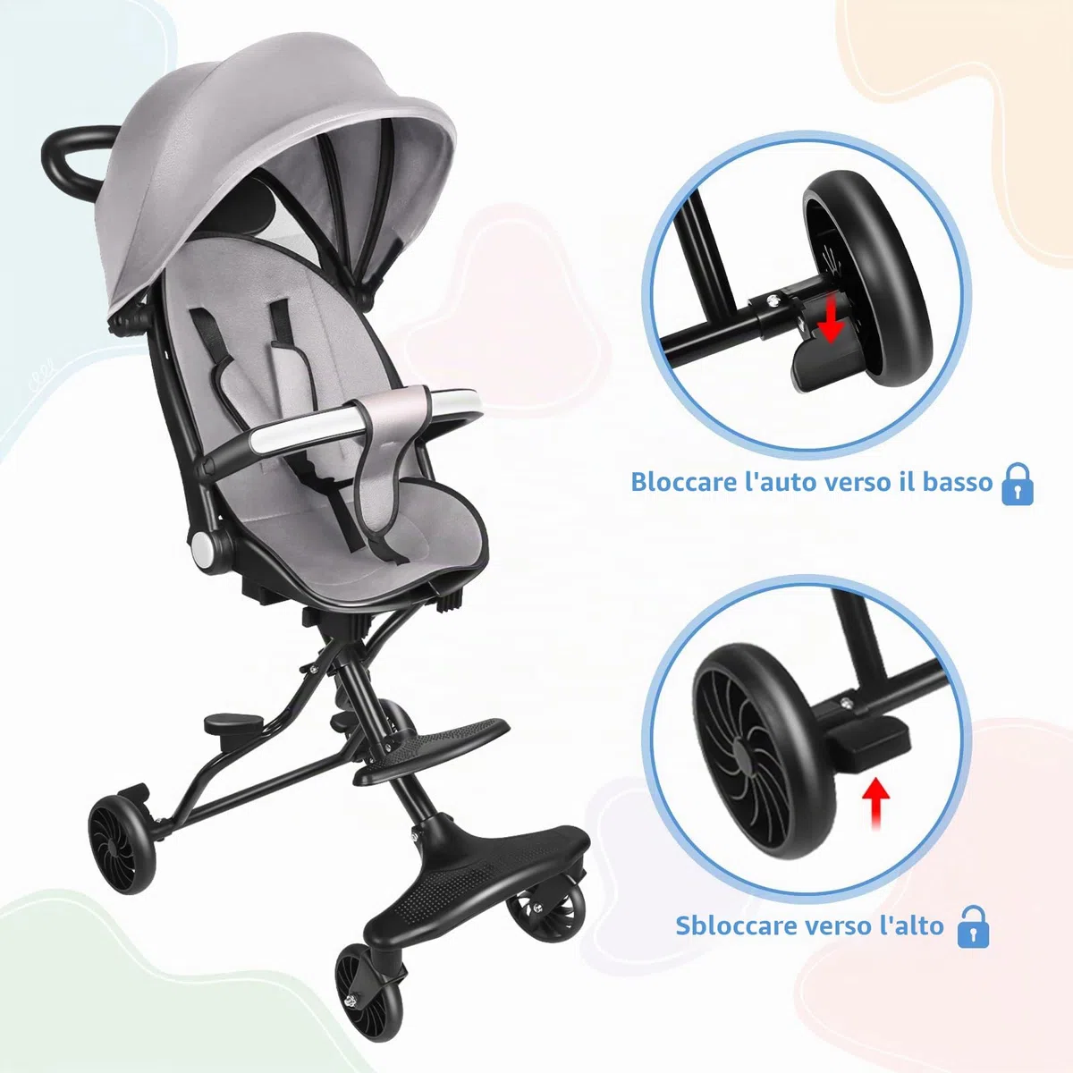 Passeggino Canne, 0-4 anni, 0-25 kg, leggero e compatto, posizione allungata, pieghevole automatico, 30 x 55 x 86,5 cm, grigio
