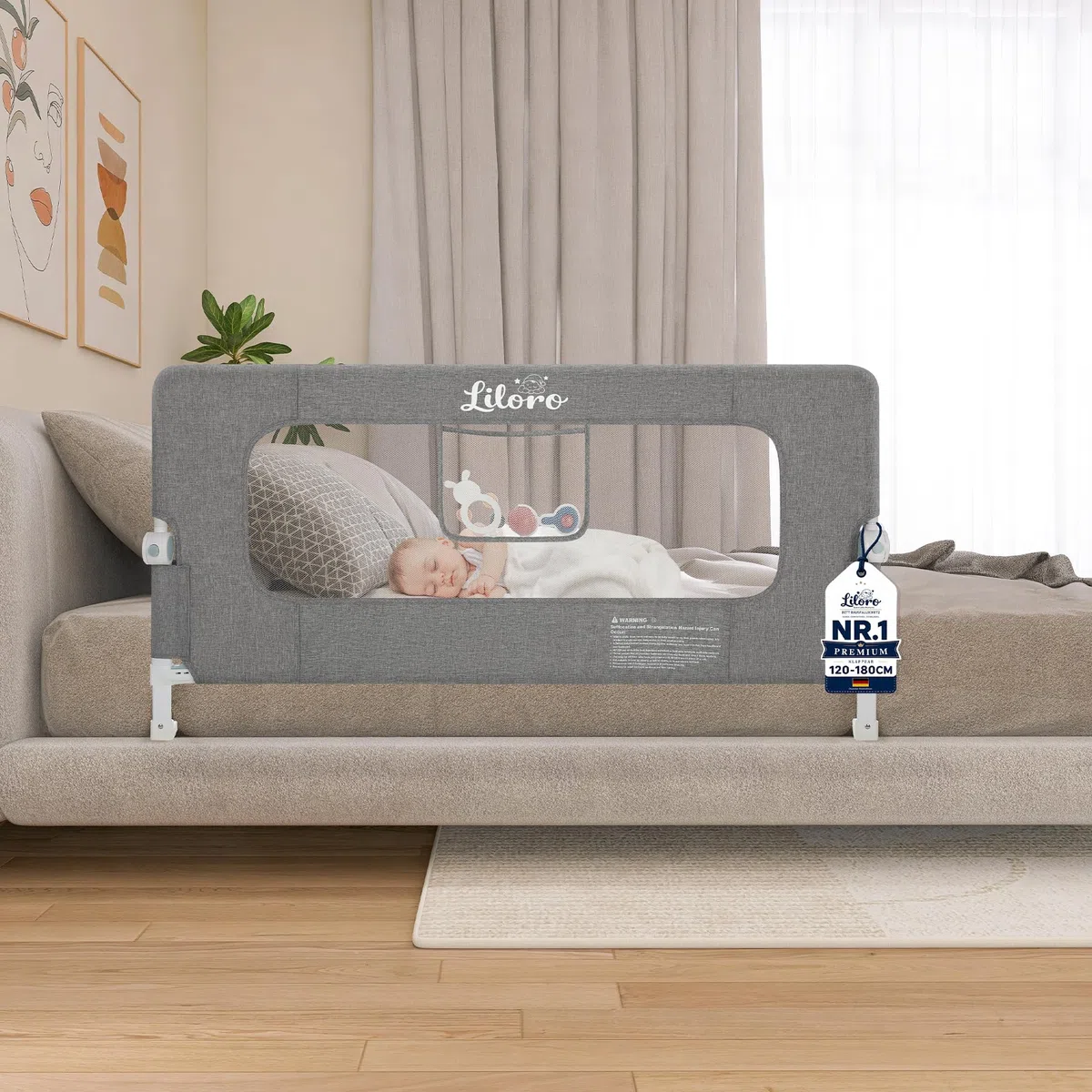 Sponda Letto Bambini 120 cm senza Forare Sponda di Sicurezza Pieghevole per Letto con Struttura Rinforzata e Design Anti Urto per Letto Singolo Matrimoniale King Size Grigio