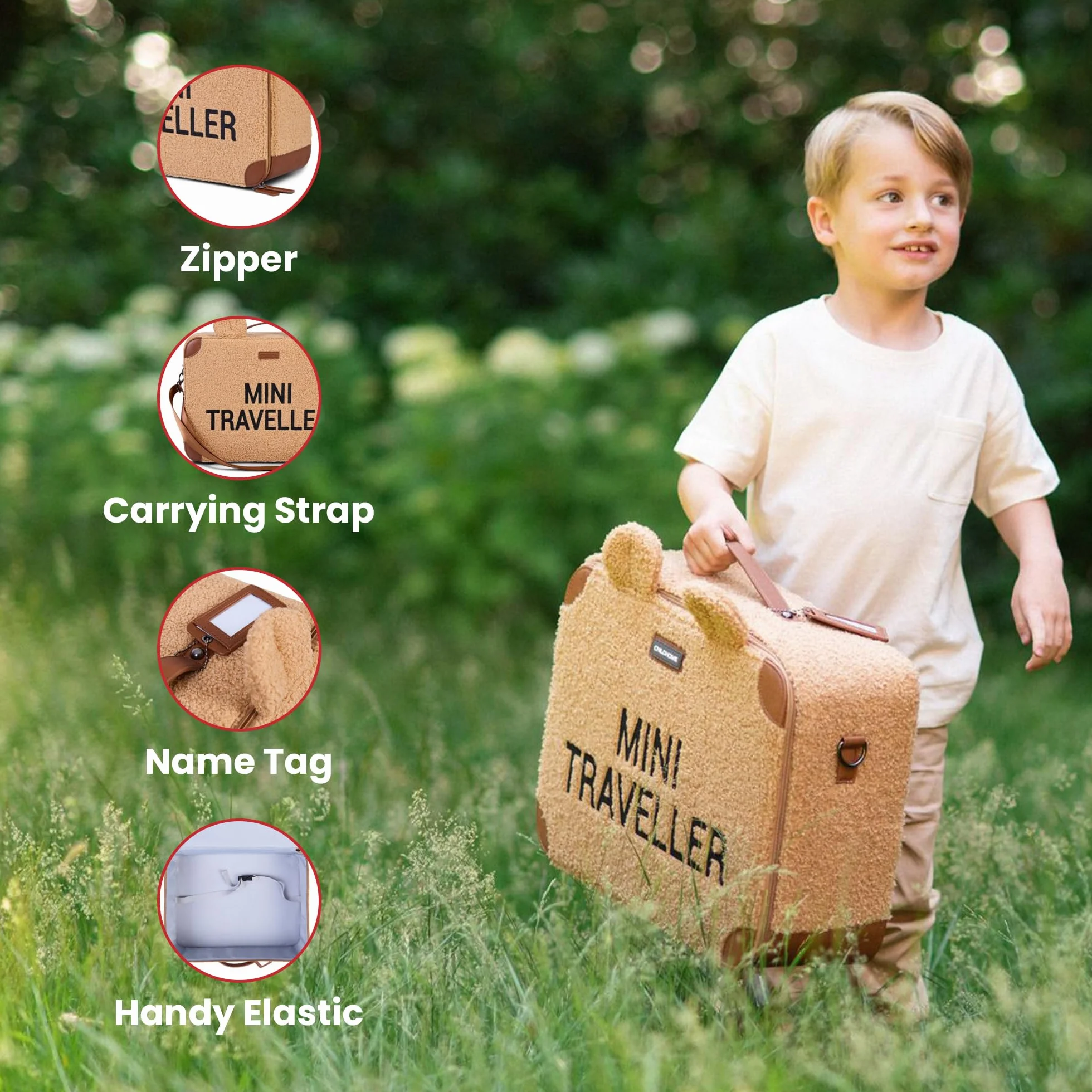 Childhome Valigia per bambini Weekend formato cabina compatto resistente con manico etichetta nome orsacchiotto marrone