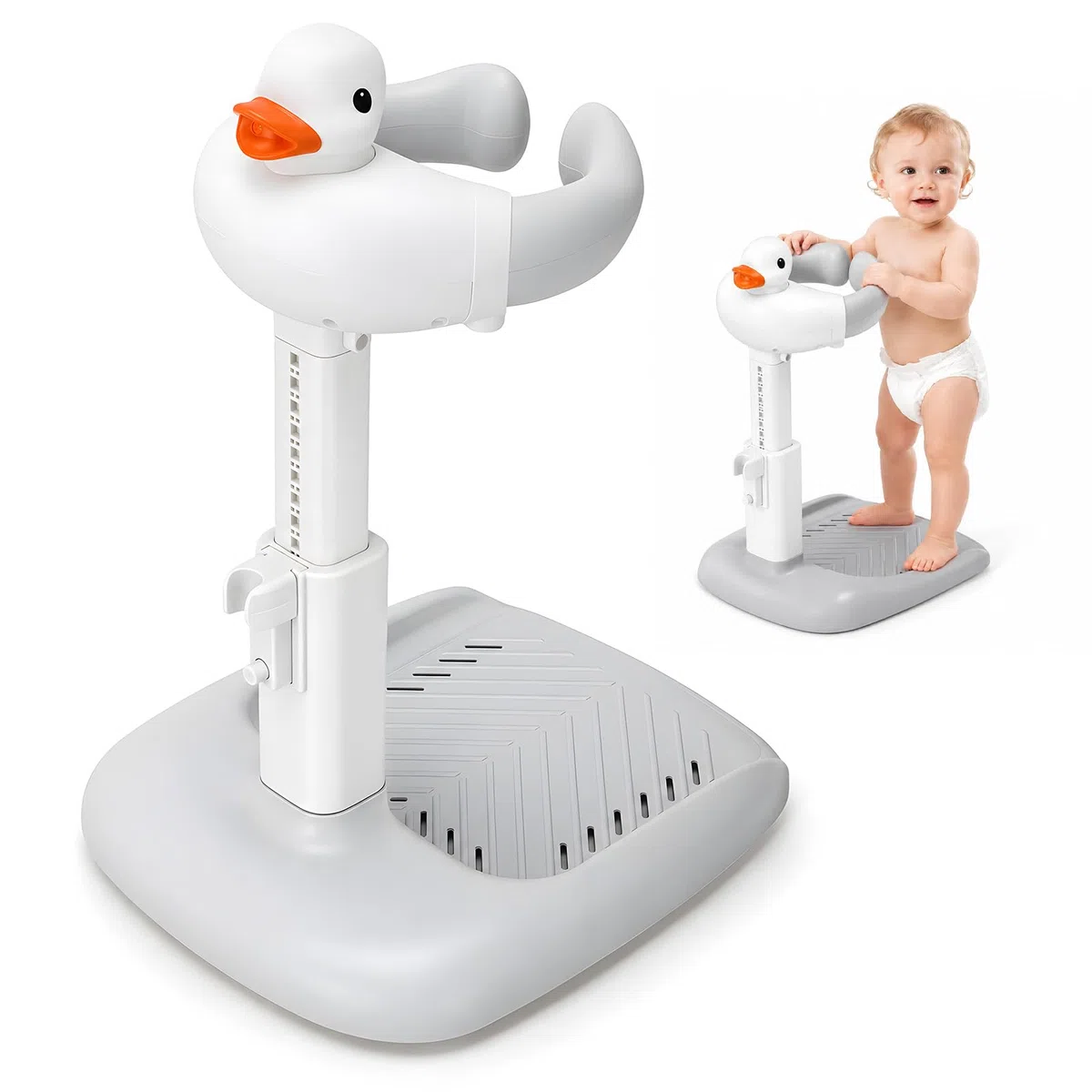 Supporto Doccia Bambini in Piedi con Bracciolo Semiautomatico, Altezza Regolabile 45-63 Cm, Sedile Doccia Antiscivolo, Schienale Ergonomico, Base Stabile, Include Papera Squittente (Grigio-Bianco)