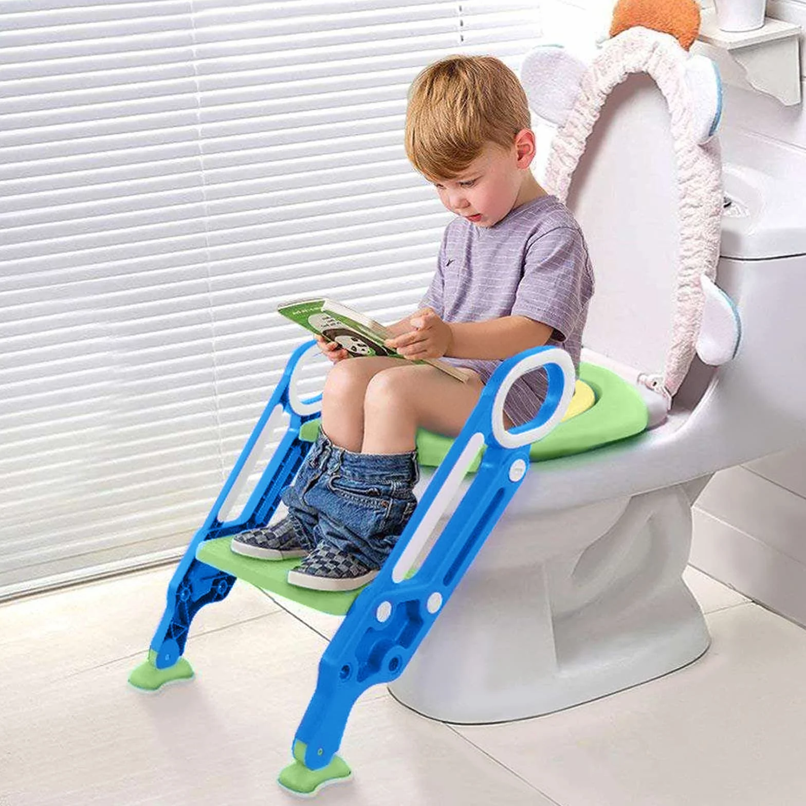Sedile per WC per Bambini con Scale, Aufun Toilet Trainer Scaletta Pieghevole Vasino per Apprendimento con Scale Sedile per WC per Bambini con Cuscino Imbottito in PU e Manici per Vasino(Blu e verde)