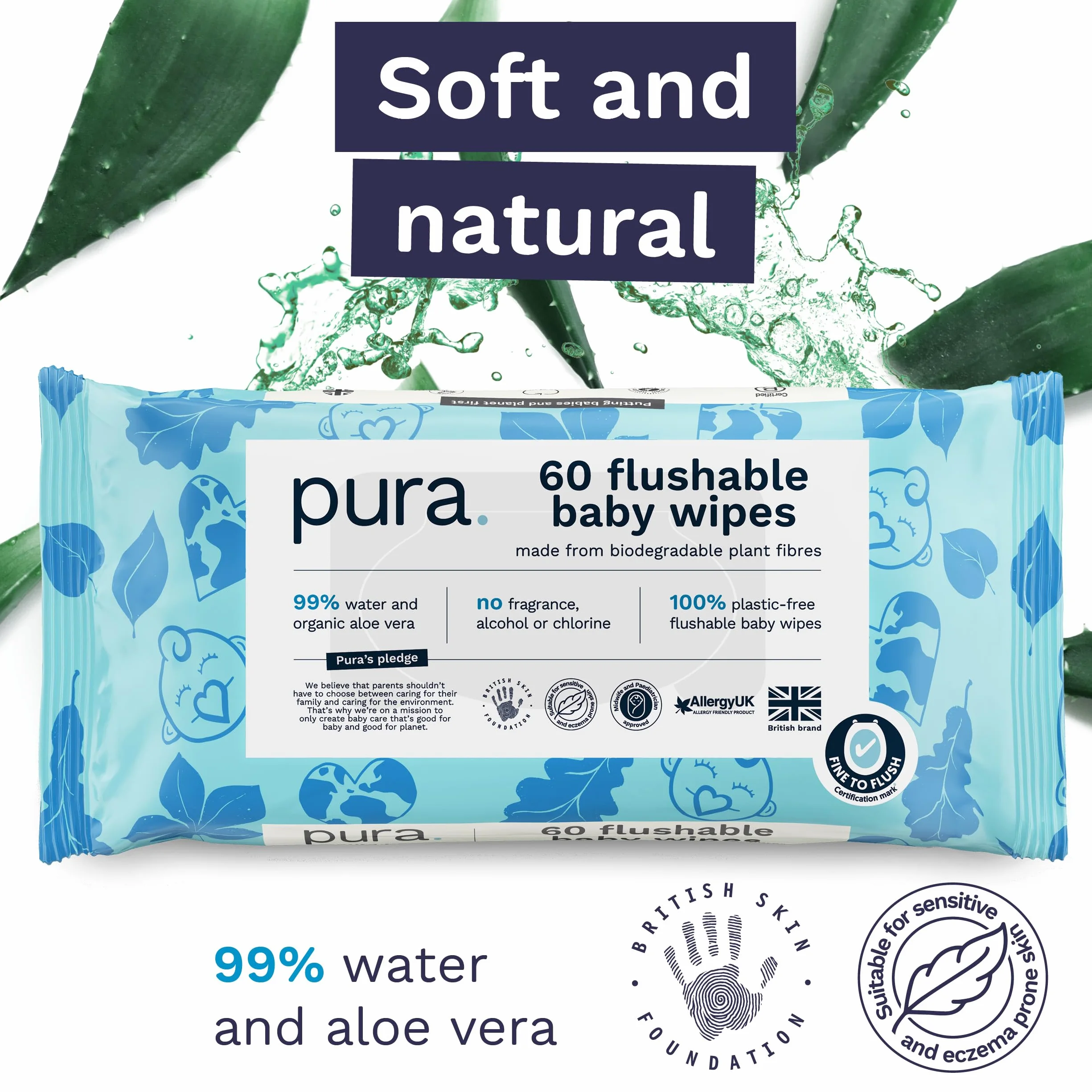Pura Salviette Bagnate Detergenti, 720 Salviette (12 x 60 Salviette), 99% Acqua, 100% Senza Plastica, Adatte per Pelle Sensibile e Senza Profumo, Aloe Vera, Neonati, Biodegradabili, Vegan