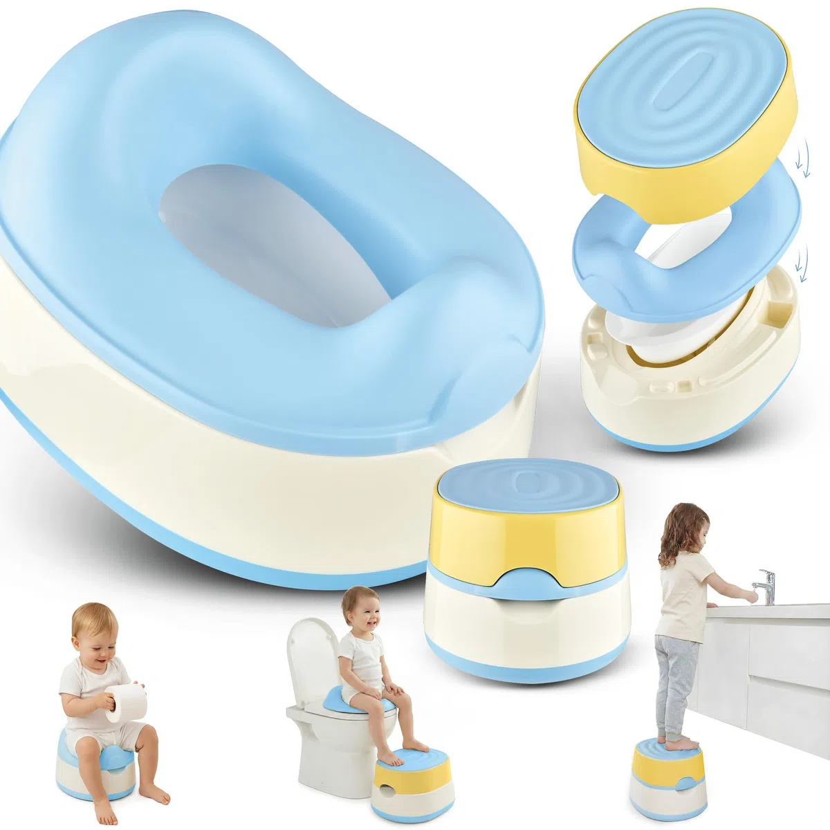 Merle Toys Vasino 3 in 1 per bambini, WC testato TÜV, senza BPA, per bambini a partire da 1 anno, WC per bambini + sgabello, Easy Cleaning, blu/giallo