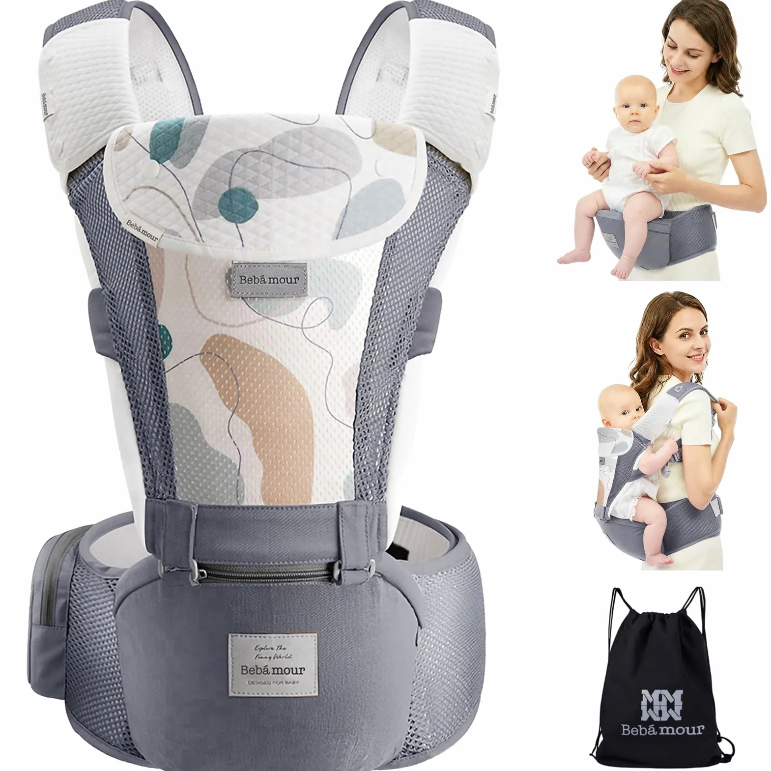 Bebear Marsupio,Bebamour Marsupio per 0-36 mesi, marsupio traspirante da neonato a bambino, approvato dagli standard di sicurezza, seggiolino ergonomico 6 in 1 anteriore (New Air Grey)