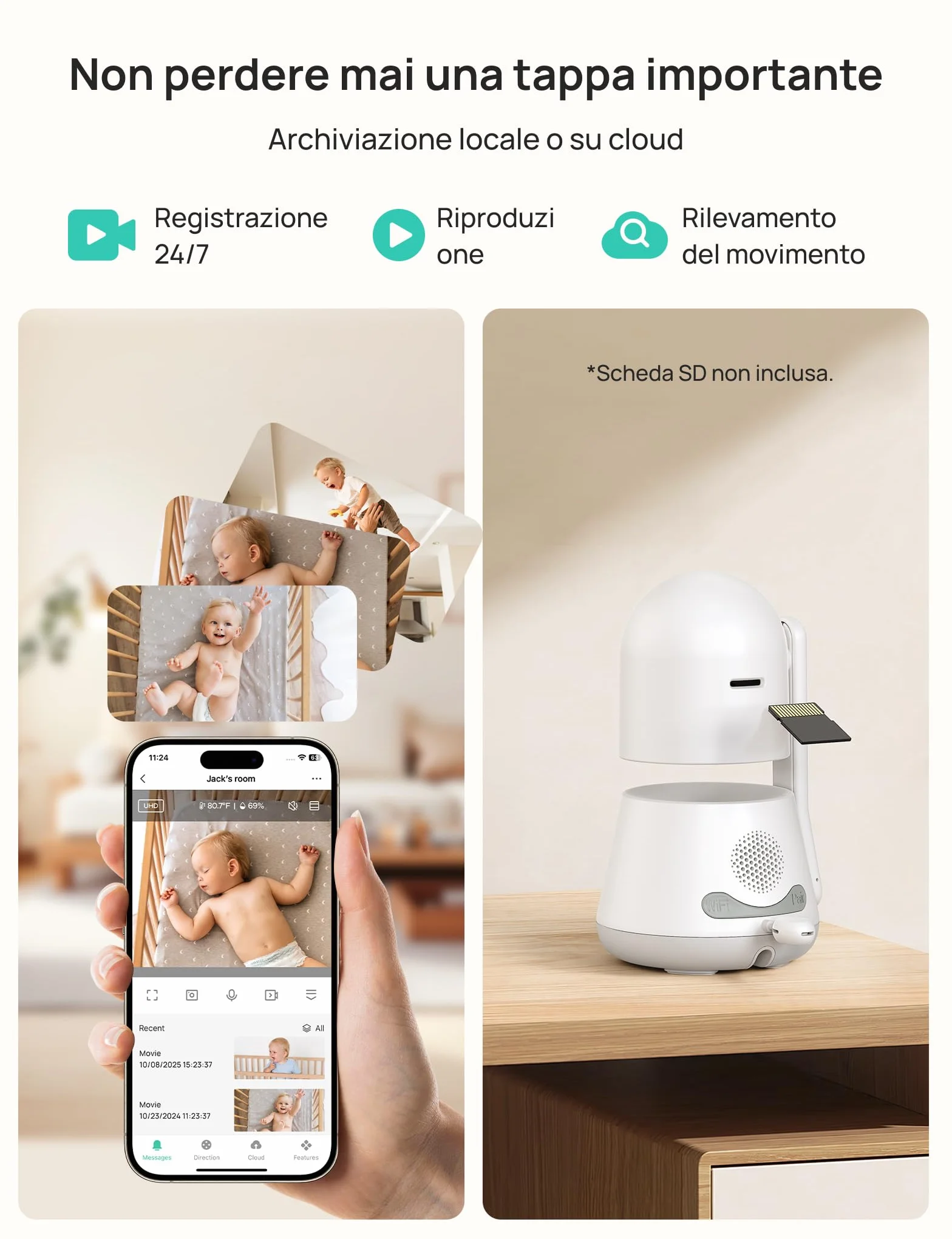 Dr.Care LumiView Baby Monitor WiFi SBM003-1080P FHD & 2K, Controllo App, Modalità Privacy, Batteria 5000mAh, Allarmi Pianto e Movimento, Luce Notturna RGB (5" monitor + 2 camere)