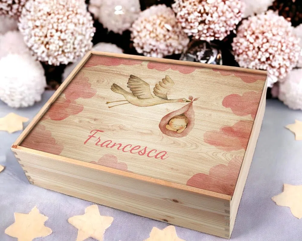 Memory Box Baby Scatola di Legno Personalizzata 36 x 27 x 10 cm Vari Motivi per Nascita e Battesimo Scatola Regalo di Grandi Dimensioni con Coperchio personalizzato (Personalizzata nascita/bambini)