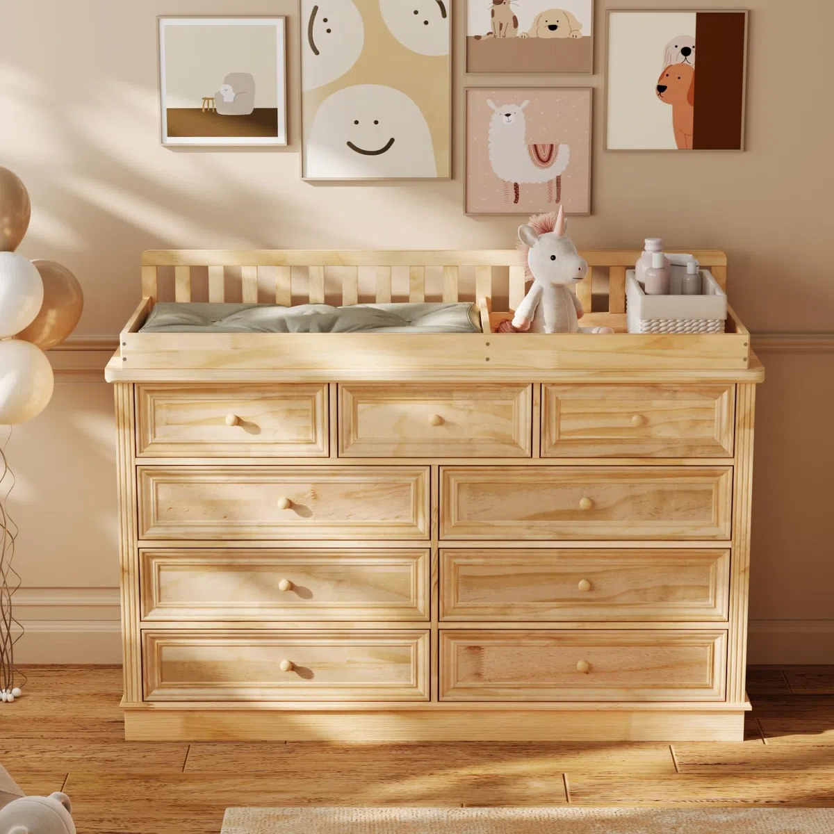 Cassettiera fasciatoio in legno massello grande fasciatoio 9 cassetti bordo extra alto cassettiera pannolini con ampio spazio di archiviazione per bambini in vero legno, 140 × 48 × 102 cm