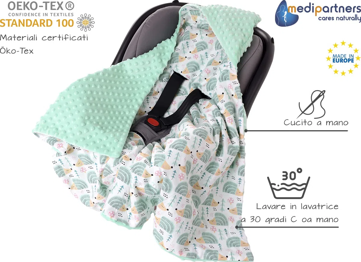 Medi Partners Coperta 100% Cotone 85x85cm Bifacciale Multifunzionale Minky Morbida e Accogliente con Cappuccio per Passeggini Marsupio