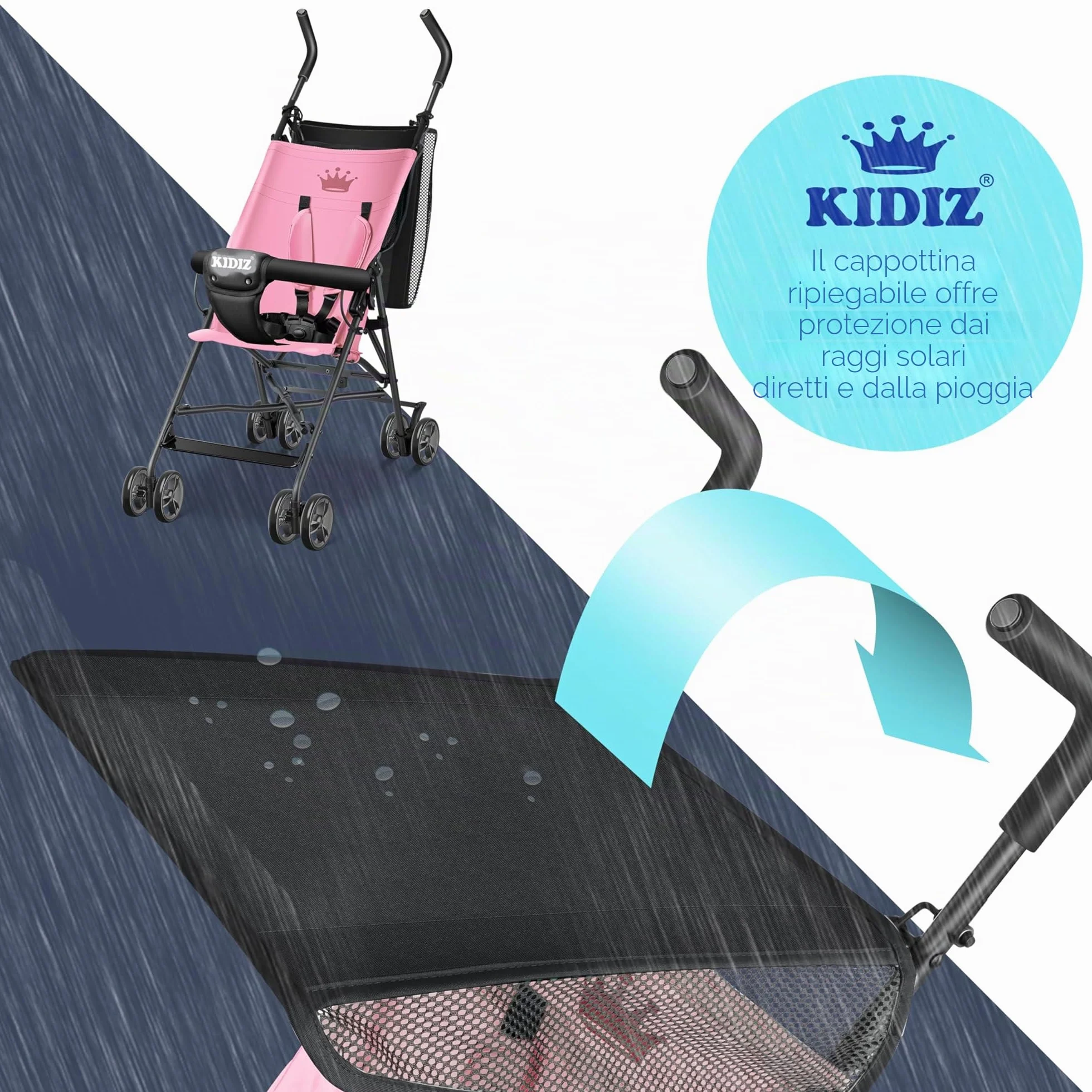 KIDIZ® Passeggino CITY Pieghevole per Bambini con Ruote 4 Pollici e Parasole