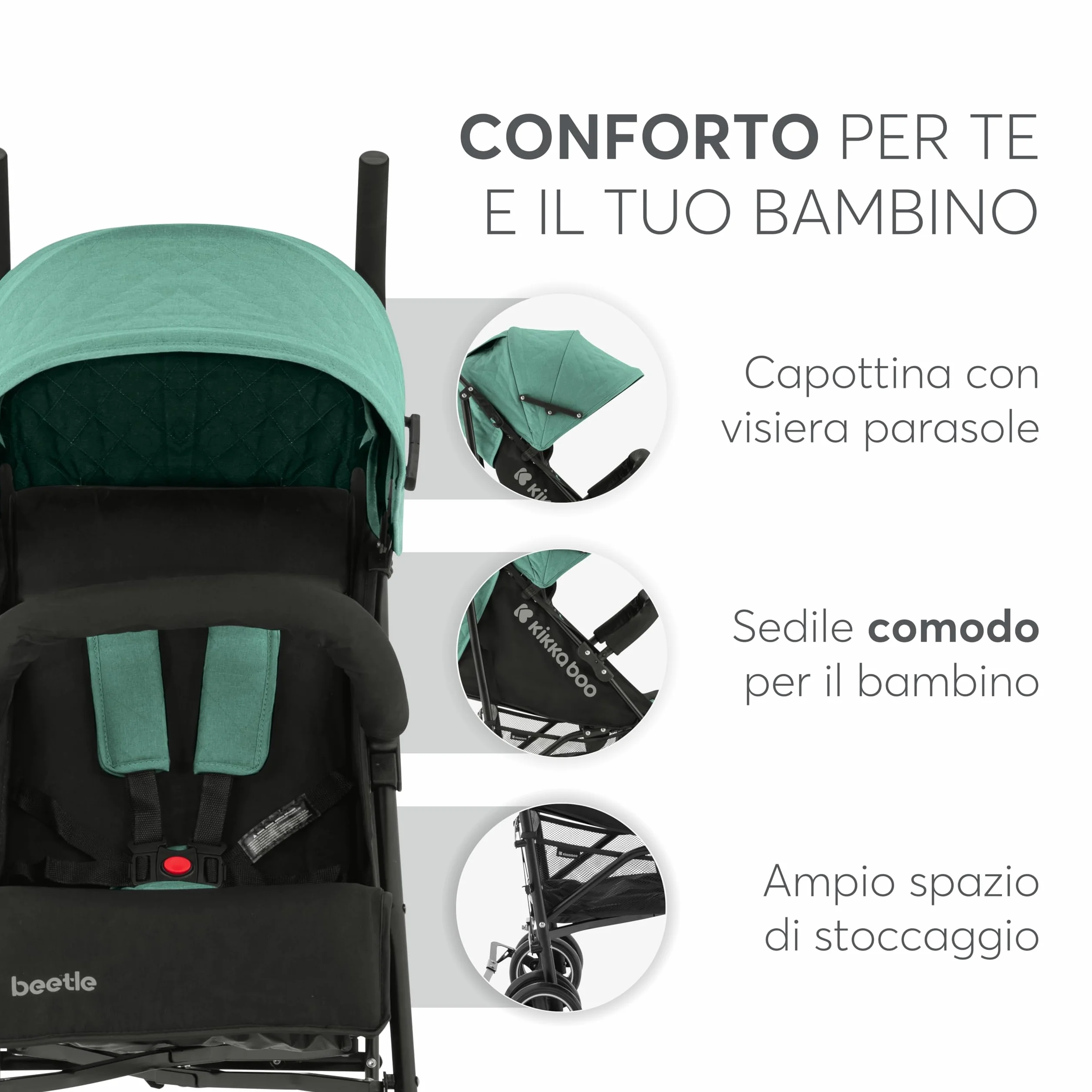 Passeggino KikkaBoo BEETLE da viaggio fino a 22 kg Pieghevole Leggero Compatto Menta