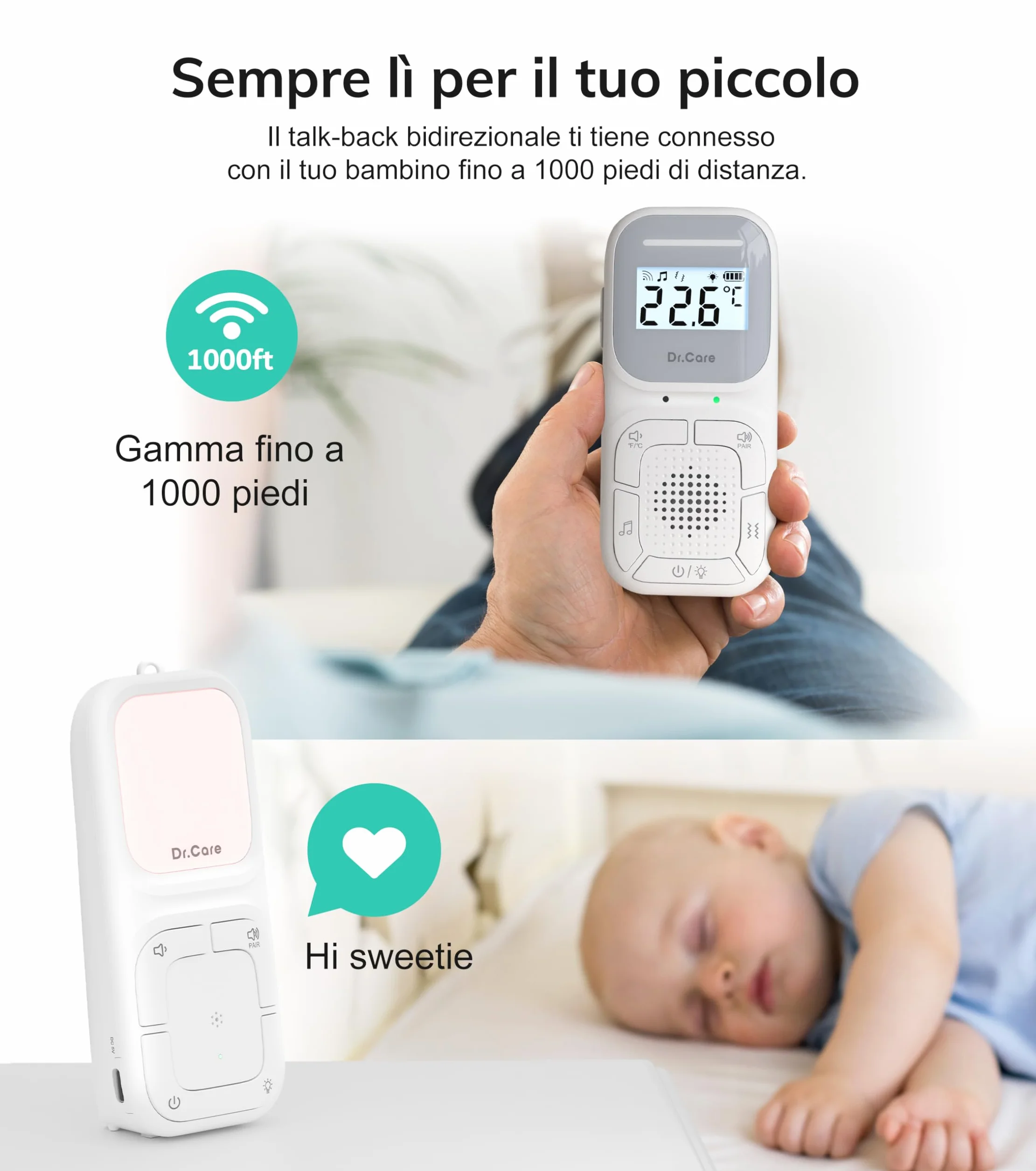 Dr.Care NeoGo Audio Baby Monitor pre-accoppiato VOX luce notturna portata 300 m