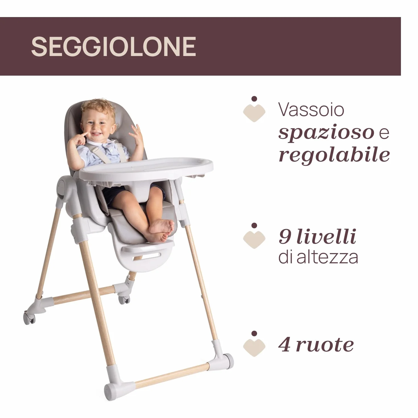 Chicco Polly Armonia Seggiolone Evolutivo Pappa Bambini 0-40 kg Sedia Evolutiva Reclinabile Altezza Poggiapiedi Regolabili 4 Ruote Compatto Marrone