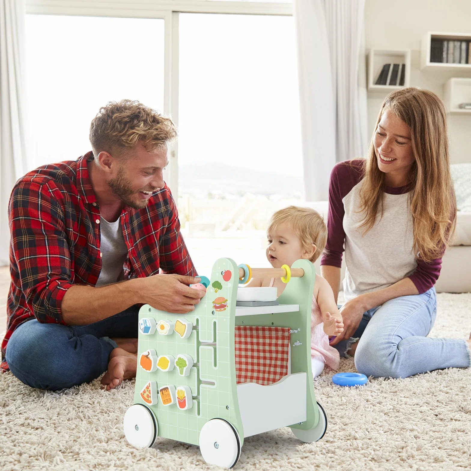COSTWAY Carrello Primi Passi in Legno per Bambini, Centro Attività Montessori con Giacattoli, Gioco Educativo con Ruote, Girello per Bambini 12 Mesi +, 31 x 34,5 x 42 cm (Verde)