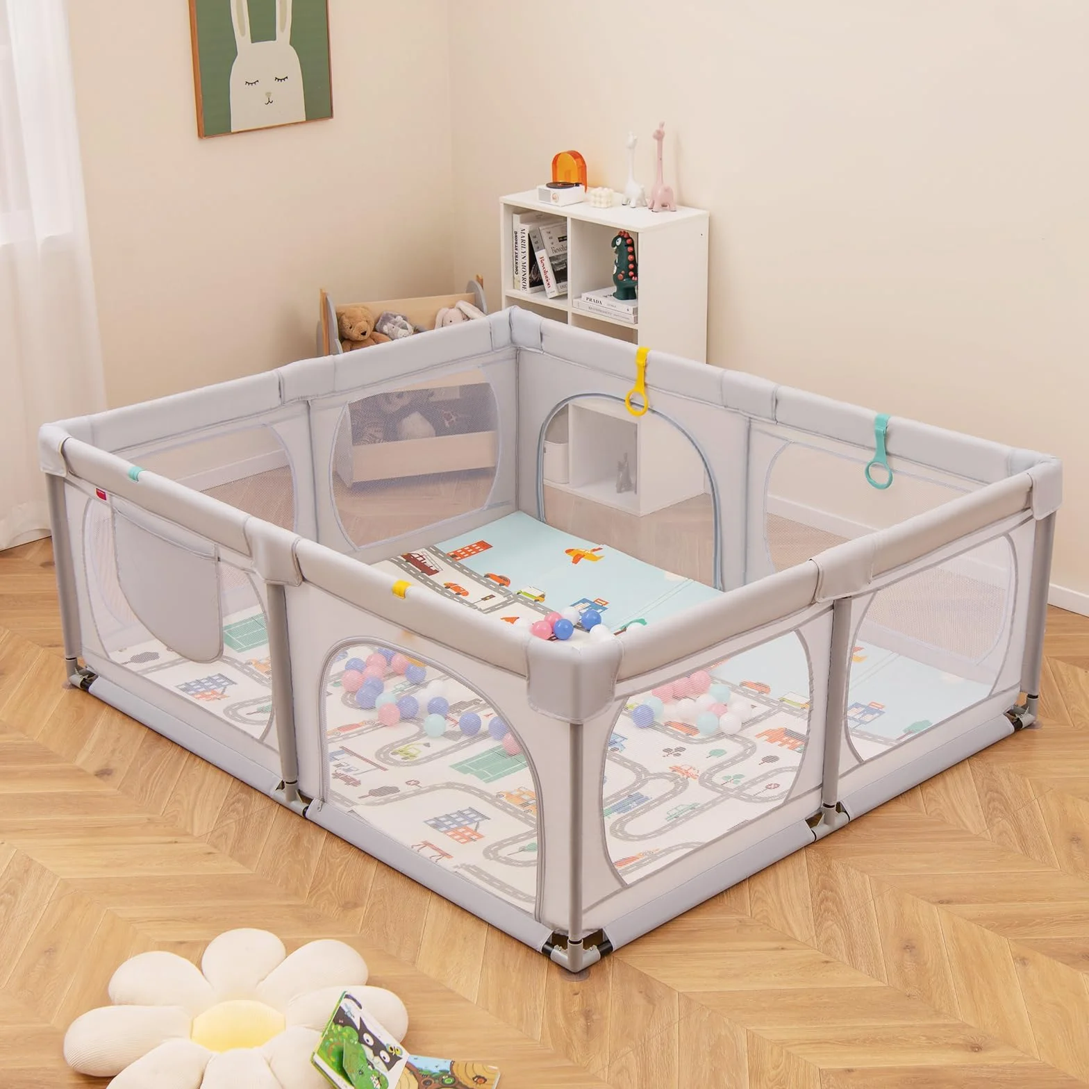 COSTWAY Box per Bambini con Materassino, Recinto per Bambini con 4 Anelli e 50 Palline Colorate, Rete Traspirante, Tasca e Borsa, Box Giochi per Bambino 0-3 Anni (Grigio Chiaro, 189 x 158 cm)